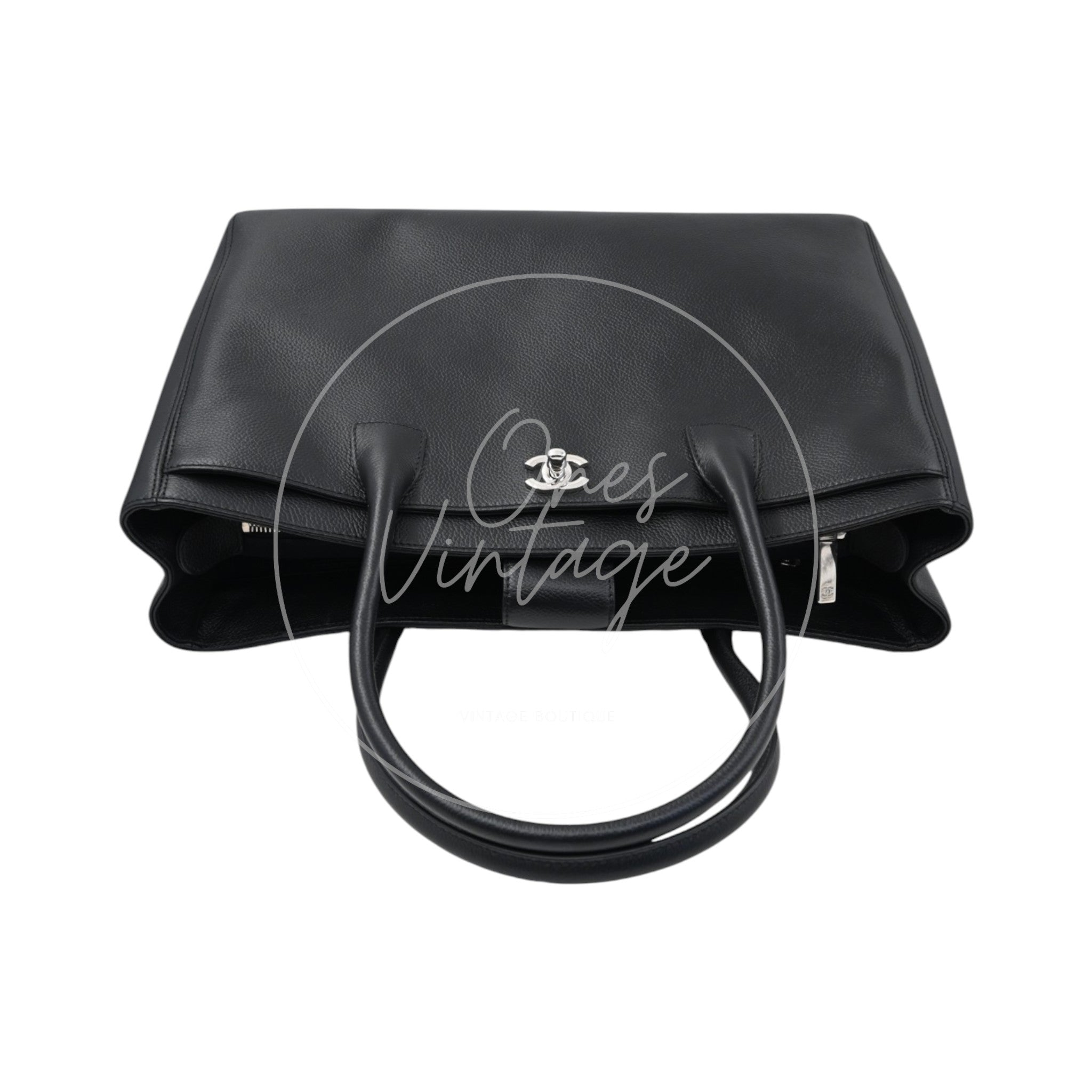 [Pre-owned] Chanel Cerf Small Black Calfskin Tote Bag Silver-tone Hardware Series 14