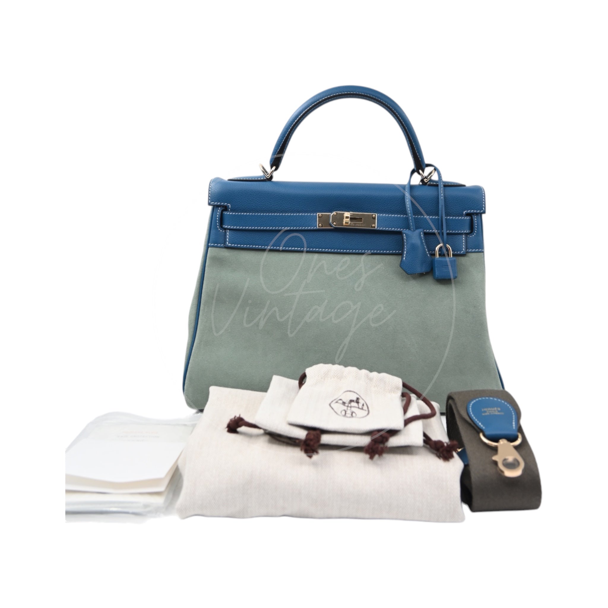[Pre-owned] Hermes Kelly 32 Ciel Blue De Galice Grizzly and Evercolor PHW Stamp Square R