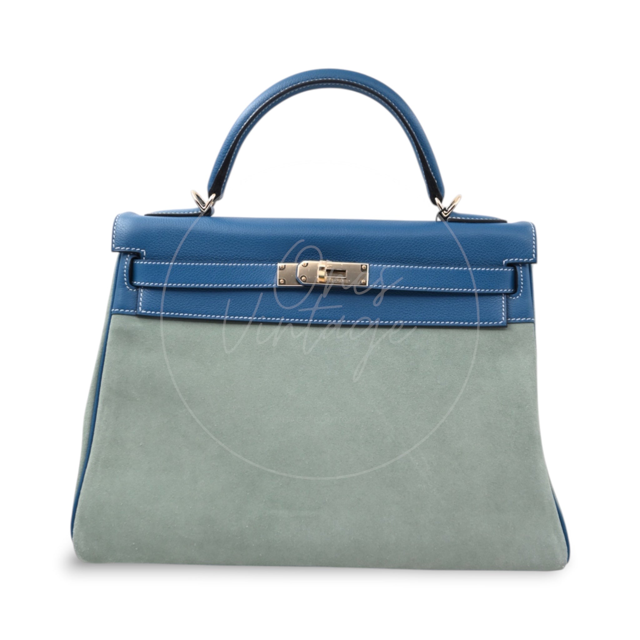 [Pre-owned] Hermes Kelly 32 Ciel Blue De Galice Grizzly and Evercolor PHW Stamp Square R