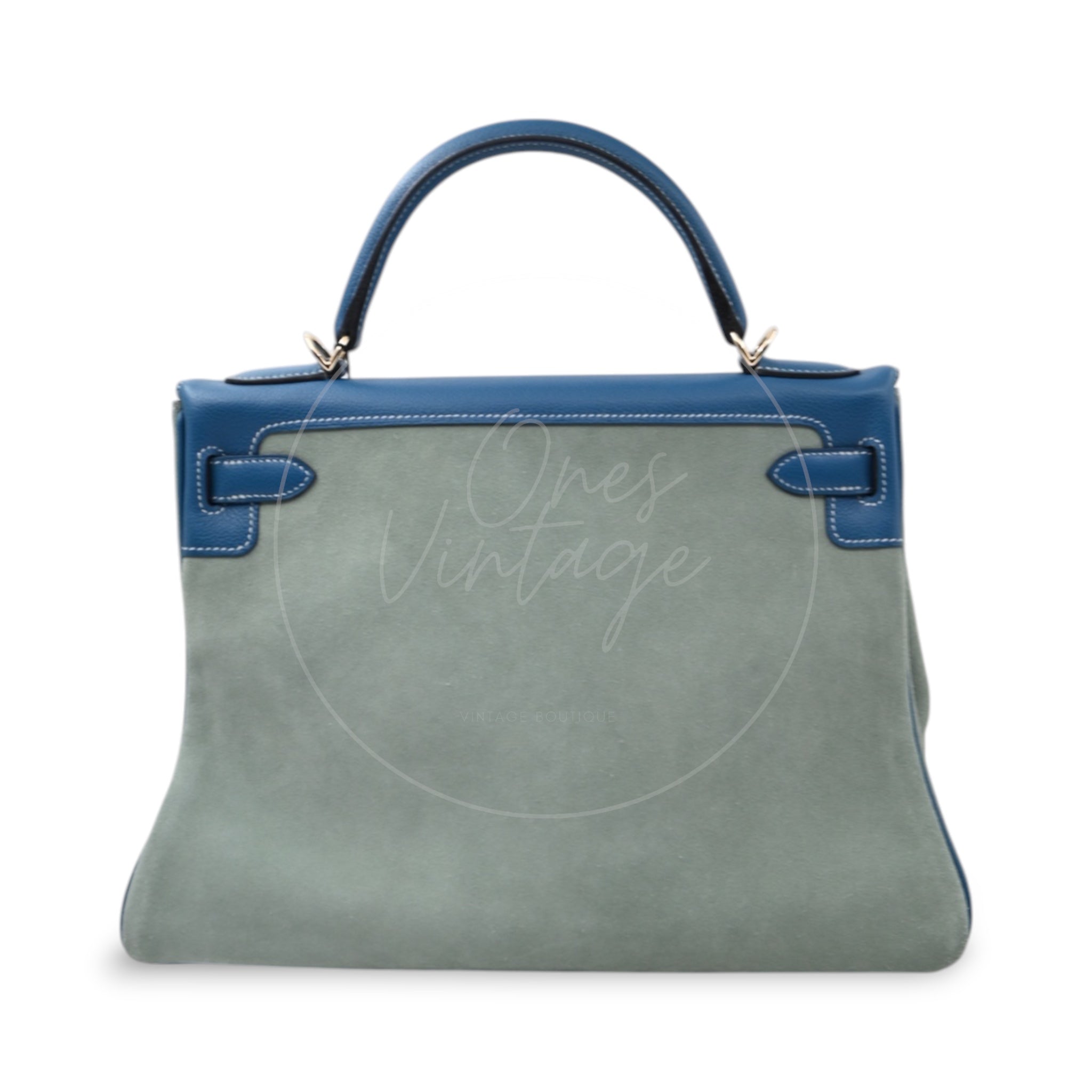 [Pre-owned] Hermes Kelly 32 Ciel Blue De Galice Grizzly and Evercolor PHW Stamp Square R