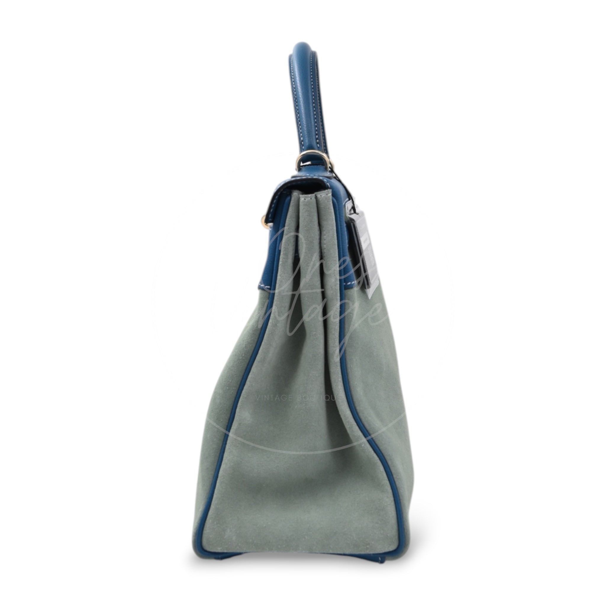 [Pre-owned] Hermes Kelly 32 Ciel Blue De Galice Grizzly and Evercolor PHW Stamp Square R