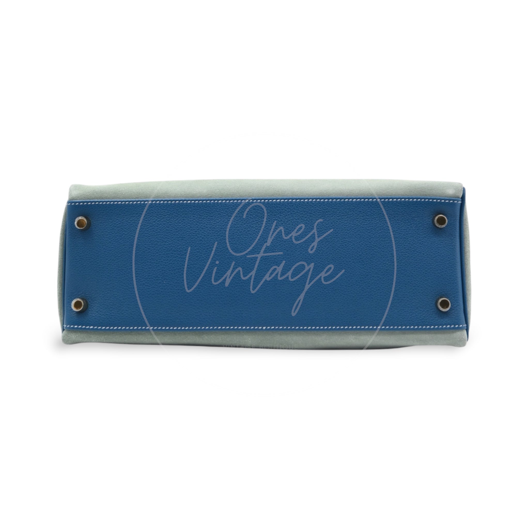[Pre-owned] Hermes Kelly 32 Ciel Blue De Galice Grizzly and Evercolor PHW Stamp Square R