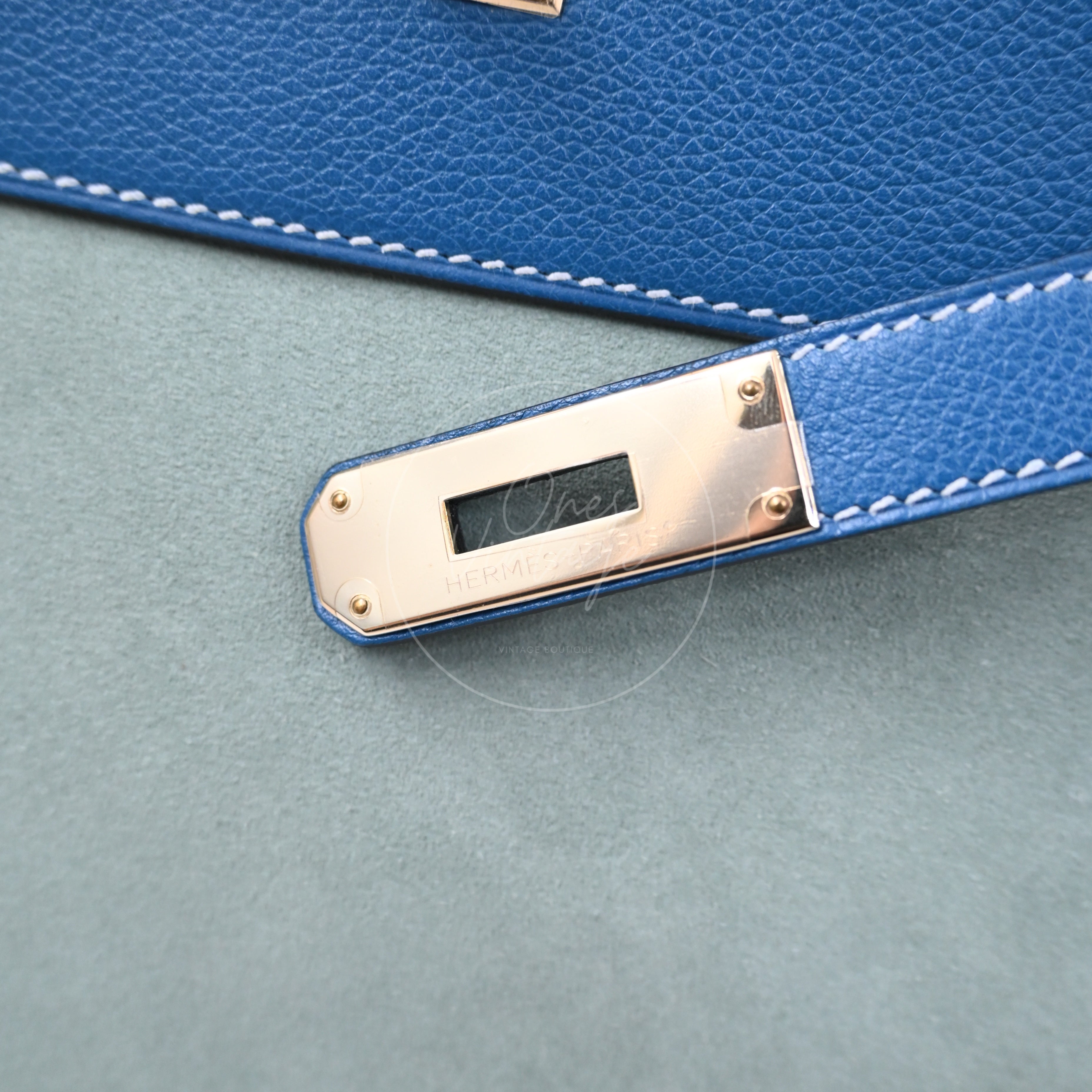 [Pre-owned] Hermes Kelly 32 Ciel Blue De Galice Grizzly and Evercolor PHW Stamp Square R