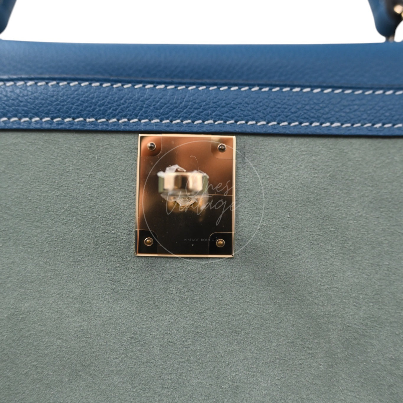 [Pre-owned] Hermes Kelly 32 Ciel Blue De Galice Grizzly and Evercolor PHW Stamp Square R