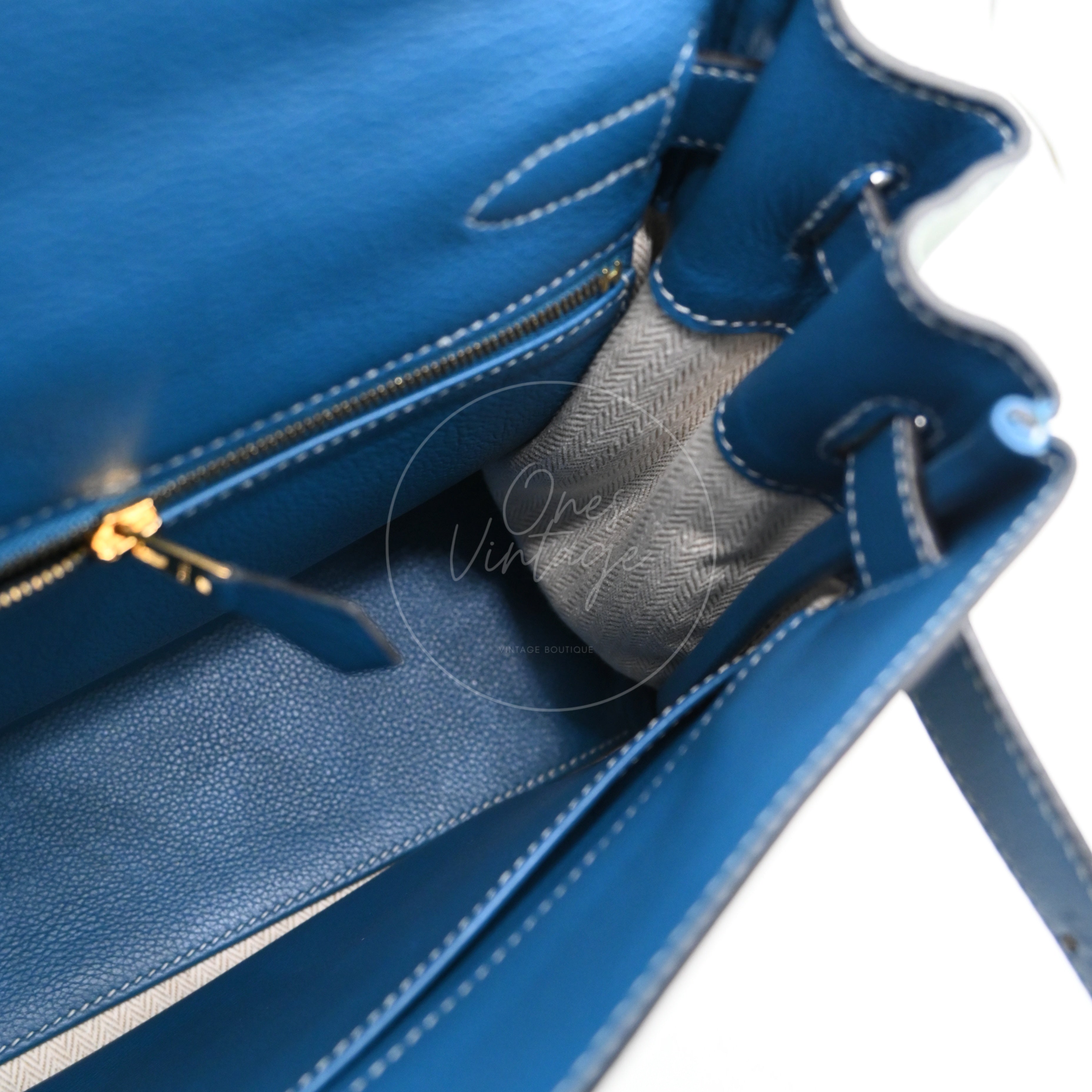 [Pre-owned] Hermes Kelly 32 Ciel Blue De Galice Grizzly and Evercolor PHW Stamp Square R