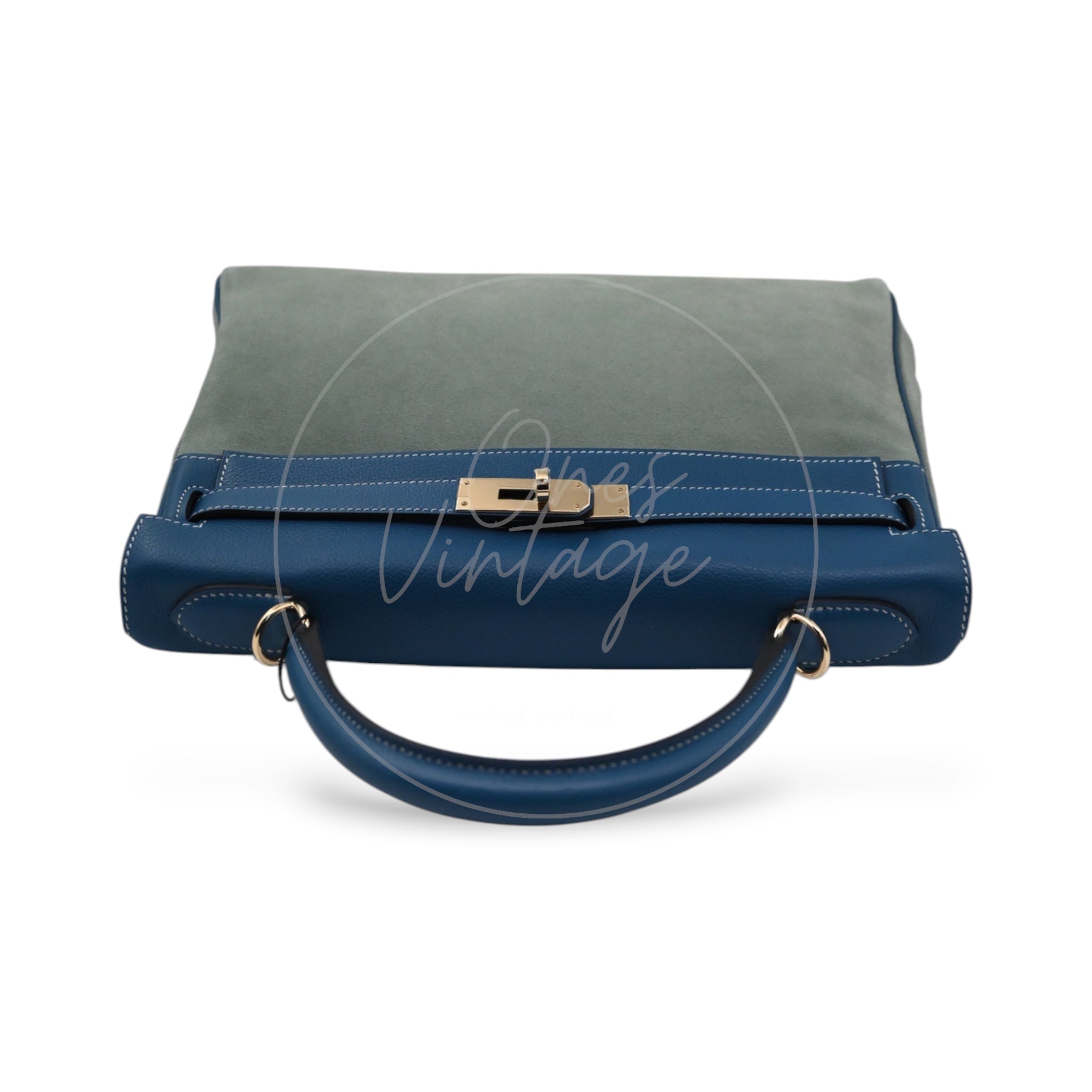 [Pre-owned] Hermes Kelly 32 Ciel Blue De Galice Grizzly and Evercolor PHW Stamp Square R