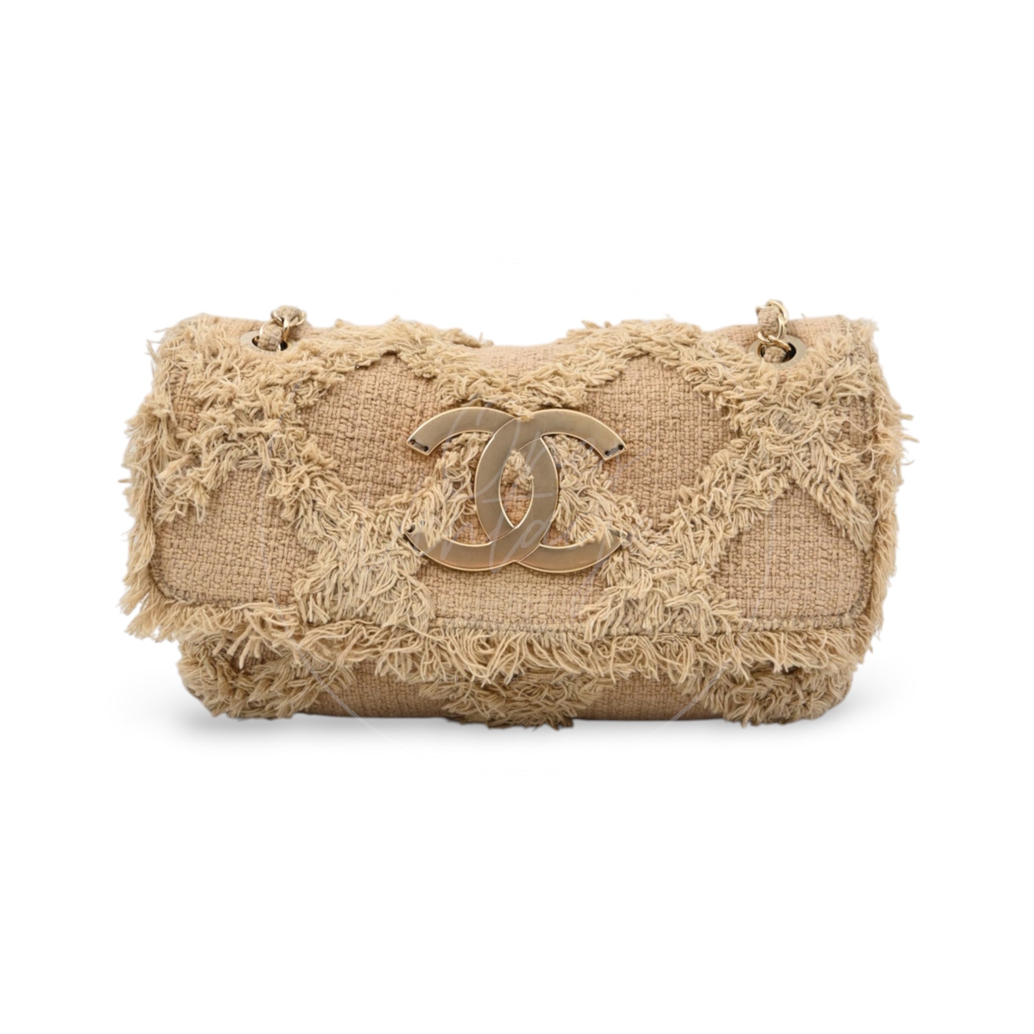 [Pre-owned] Chanel Beige Tweed Fringe Natural Flap Bag Series 13