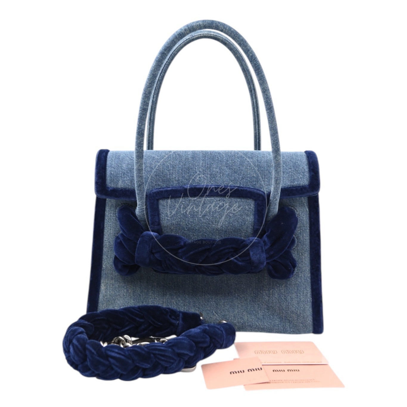 [Pre-owned] Miu Miu Denim and Velvet Blue Top handle Shoulder Bag