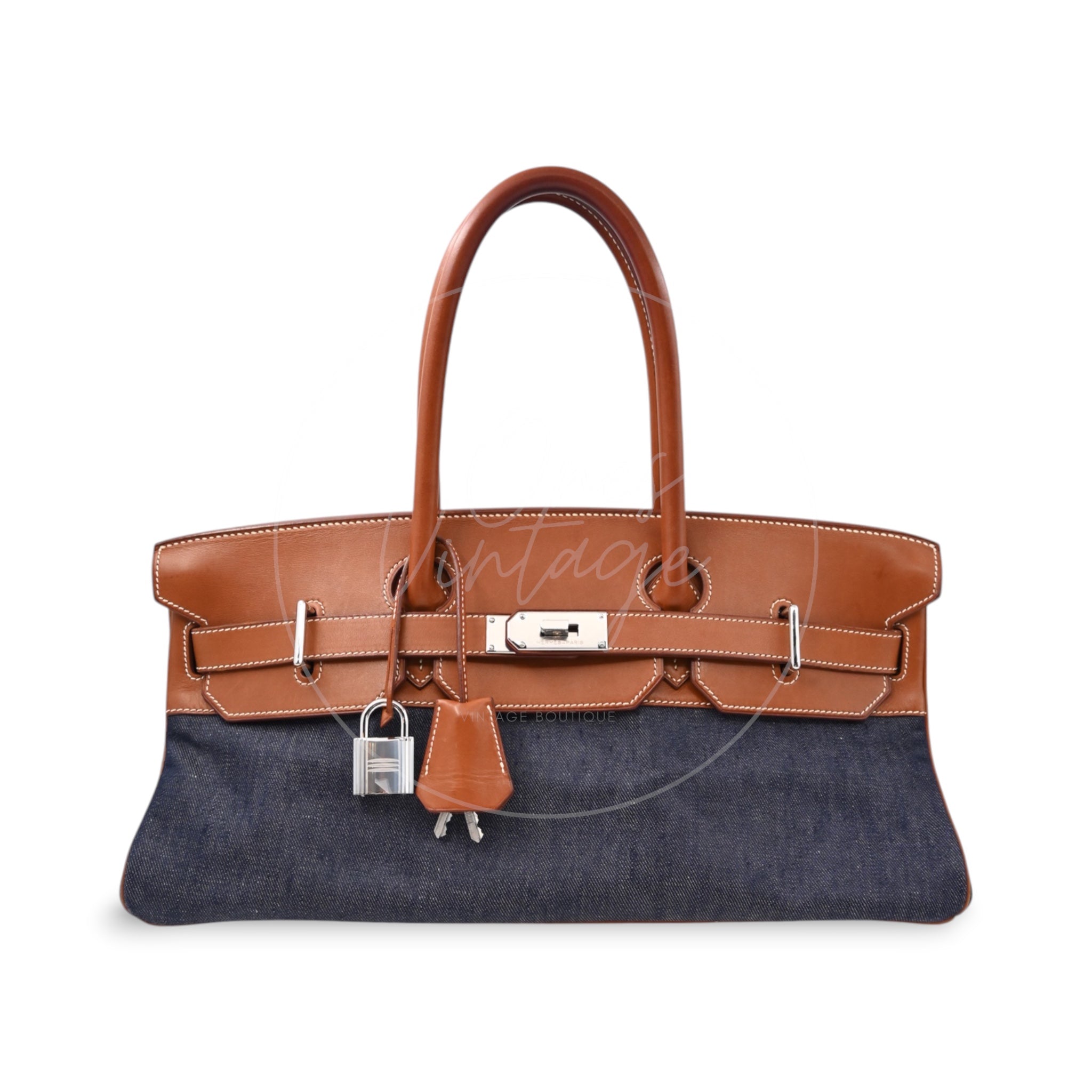 [Pre-owned] Hermes Birkin Shoulder Denim x Natural Barenia Stamp Square I PHW Bag