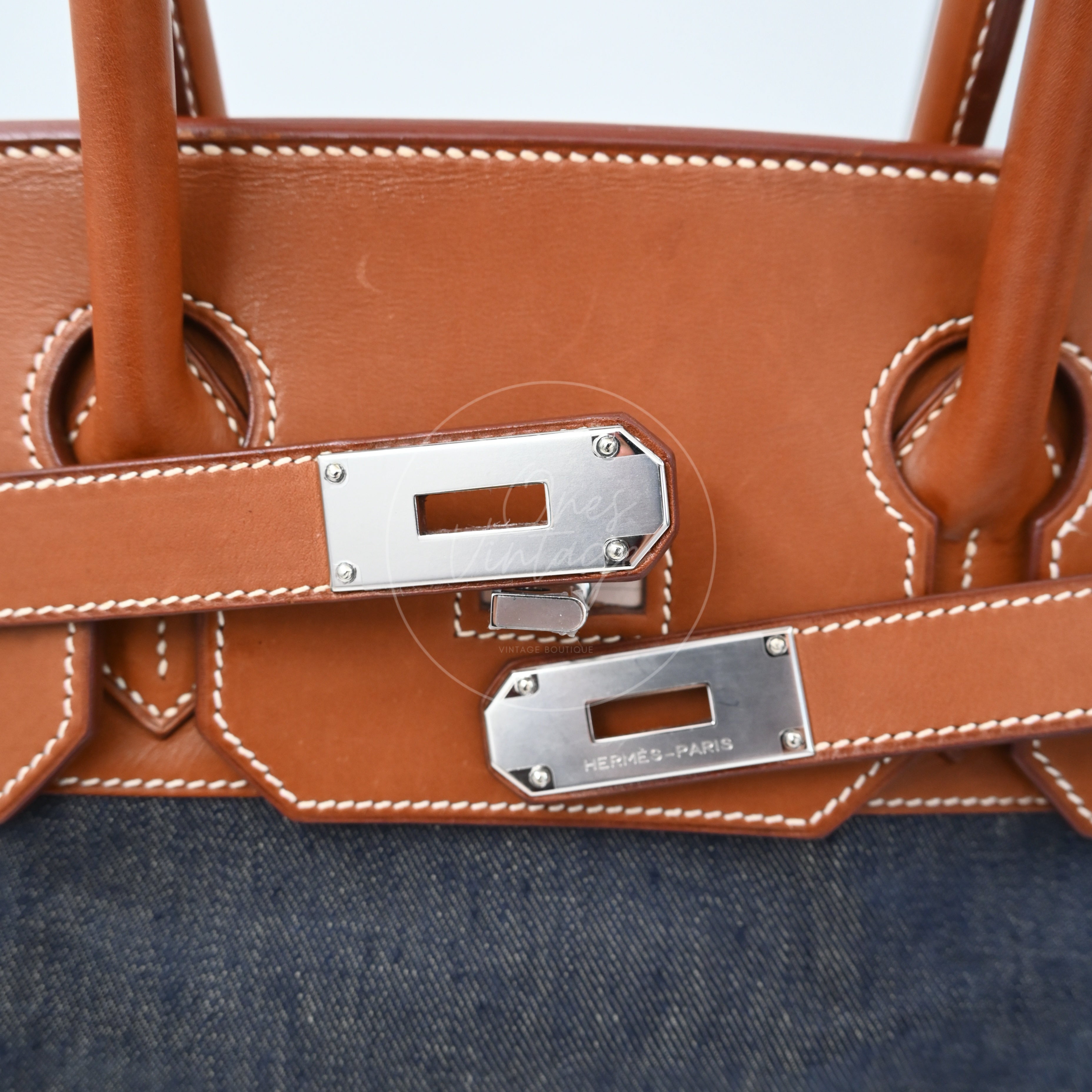 [Pre-owned] Hermes Birkin Shoulder Denim x Natural Barenia Stamp Square I PHW Bag