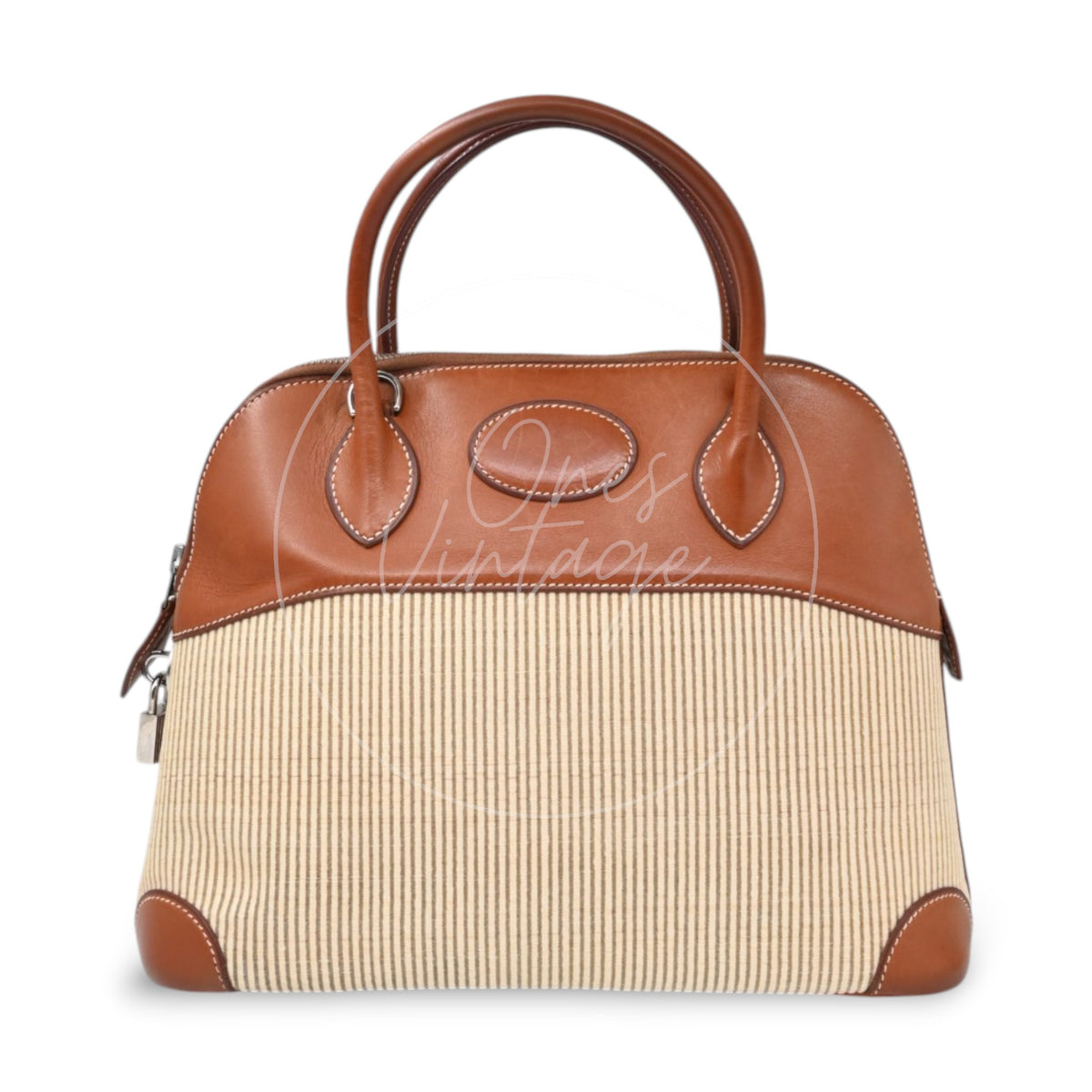 Hermès Bolide 26 in Fauve Barenia leather and Crinoline fabric with palladium-plated hardware, Square D stamp, front view with double handles
