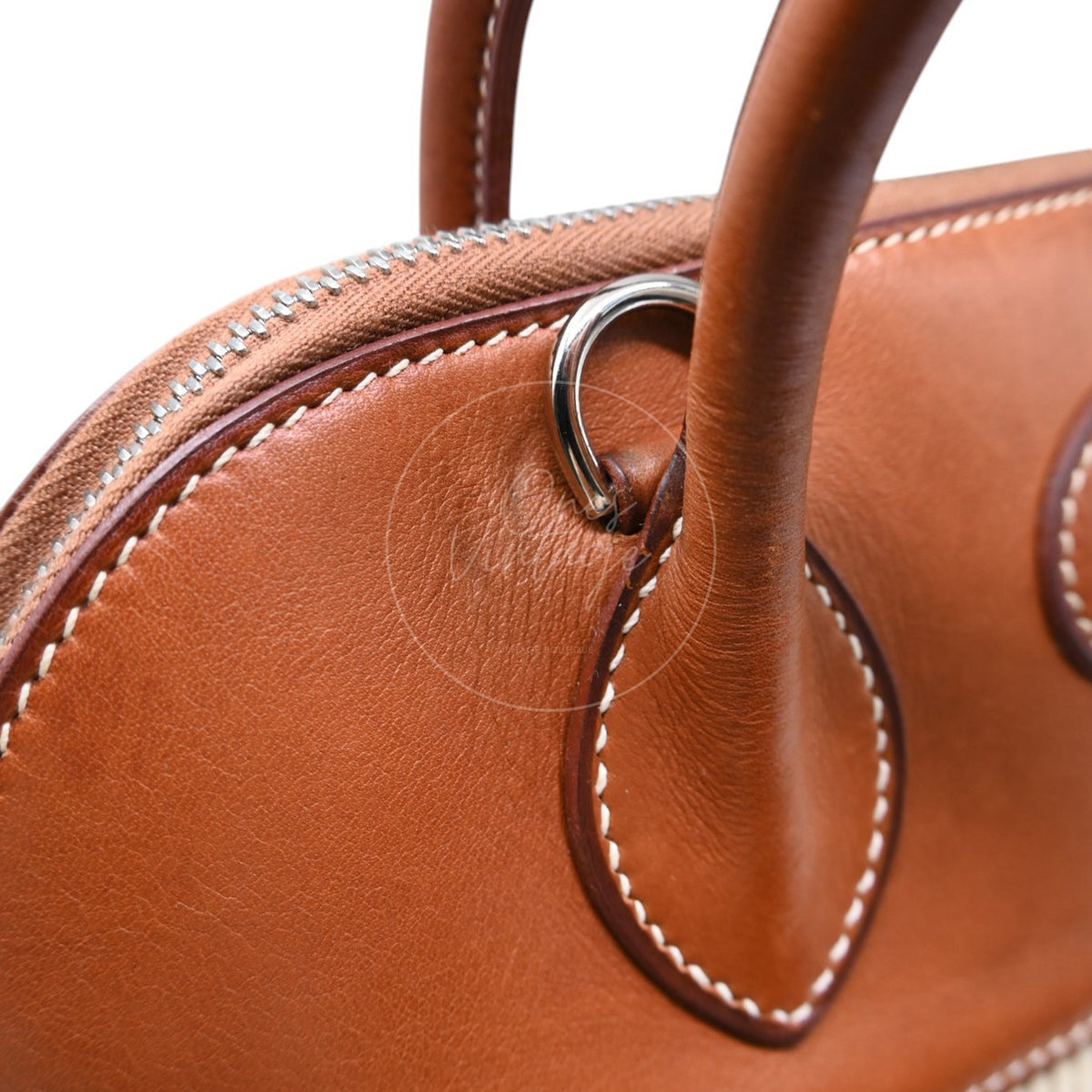 Hermès Bolide 26 in Fauve Barenia leather and Crinoline fabric with palladium-plated hardware, Square D stamp, handle base, zipper and metal ring