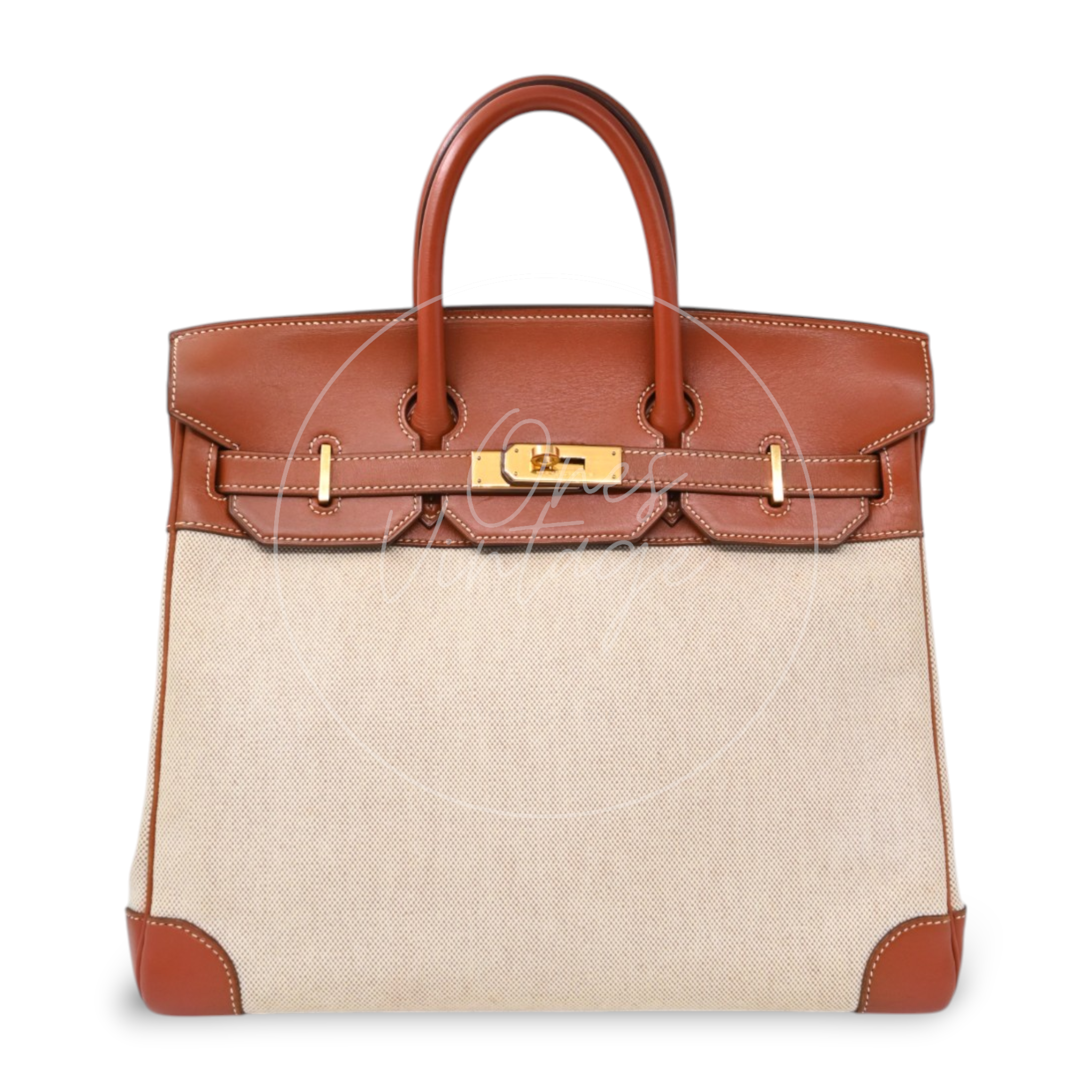 Hermès Haut à Courroies 32 in Fauve Barenia leather and beige toile with gold-tone hardware, Circle X stamp, front view with double handles