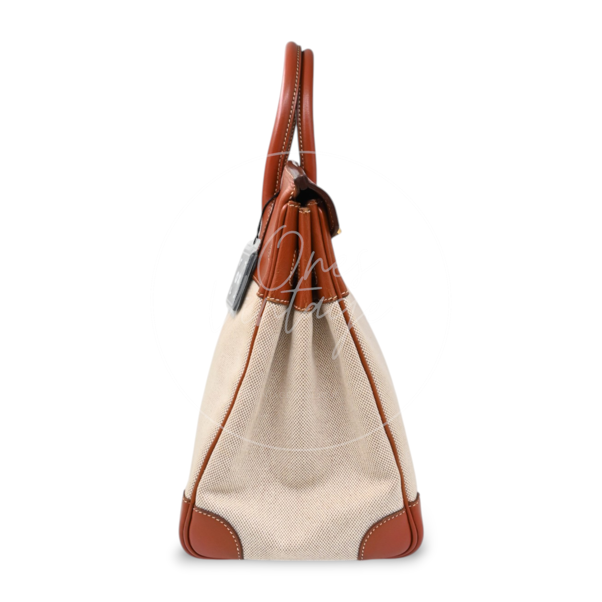 Hermès Haut à Courroies 32 in Fauve Barenia leather and beige toile with gold-tone hardware, Circle X stamp, left side profile