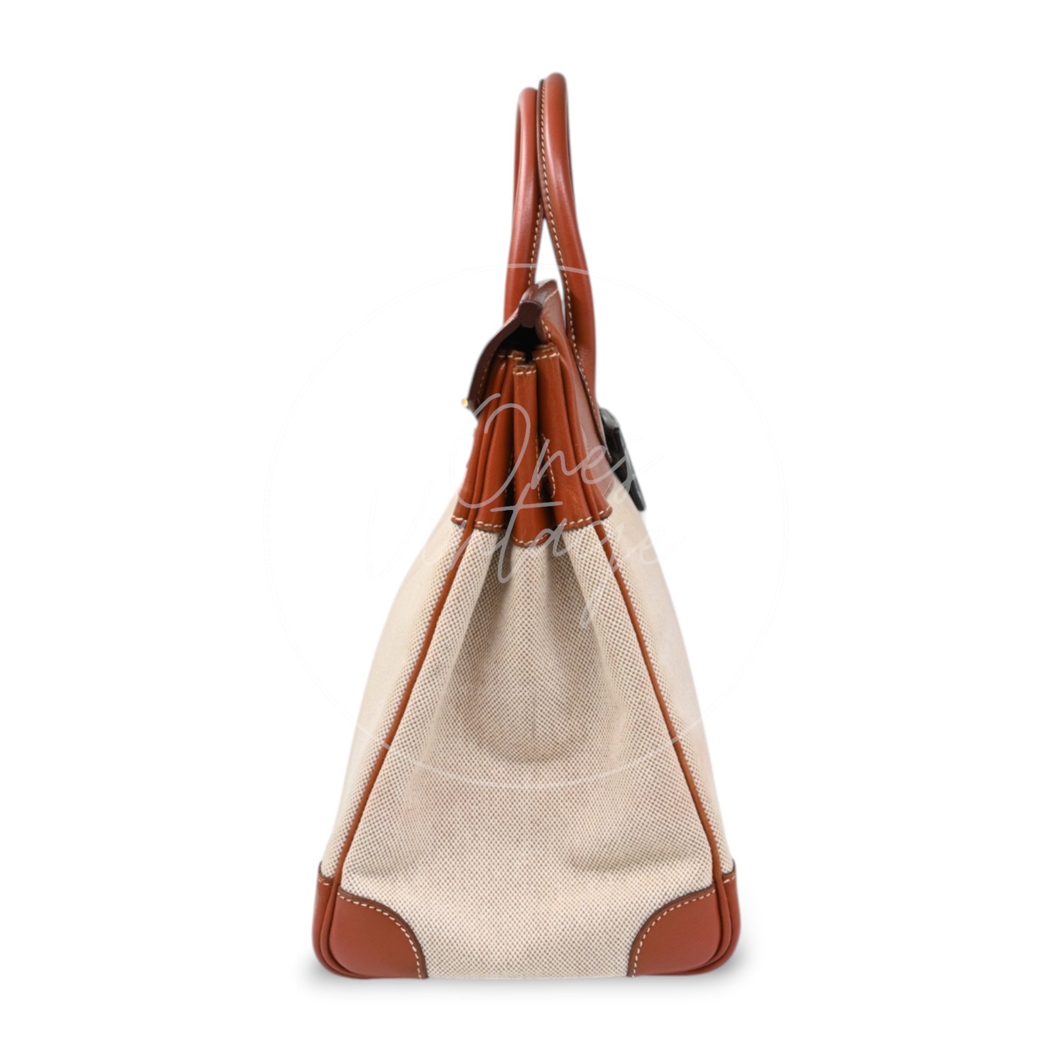 Hermès Haut à Courroies 32 in Fauve Barenia leather and beige toile with gold-tone hardware, Circle X stamp, right side profile