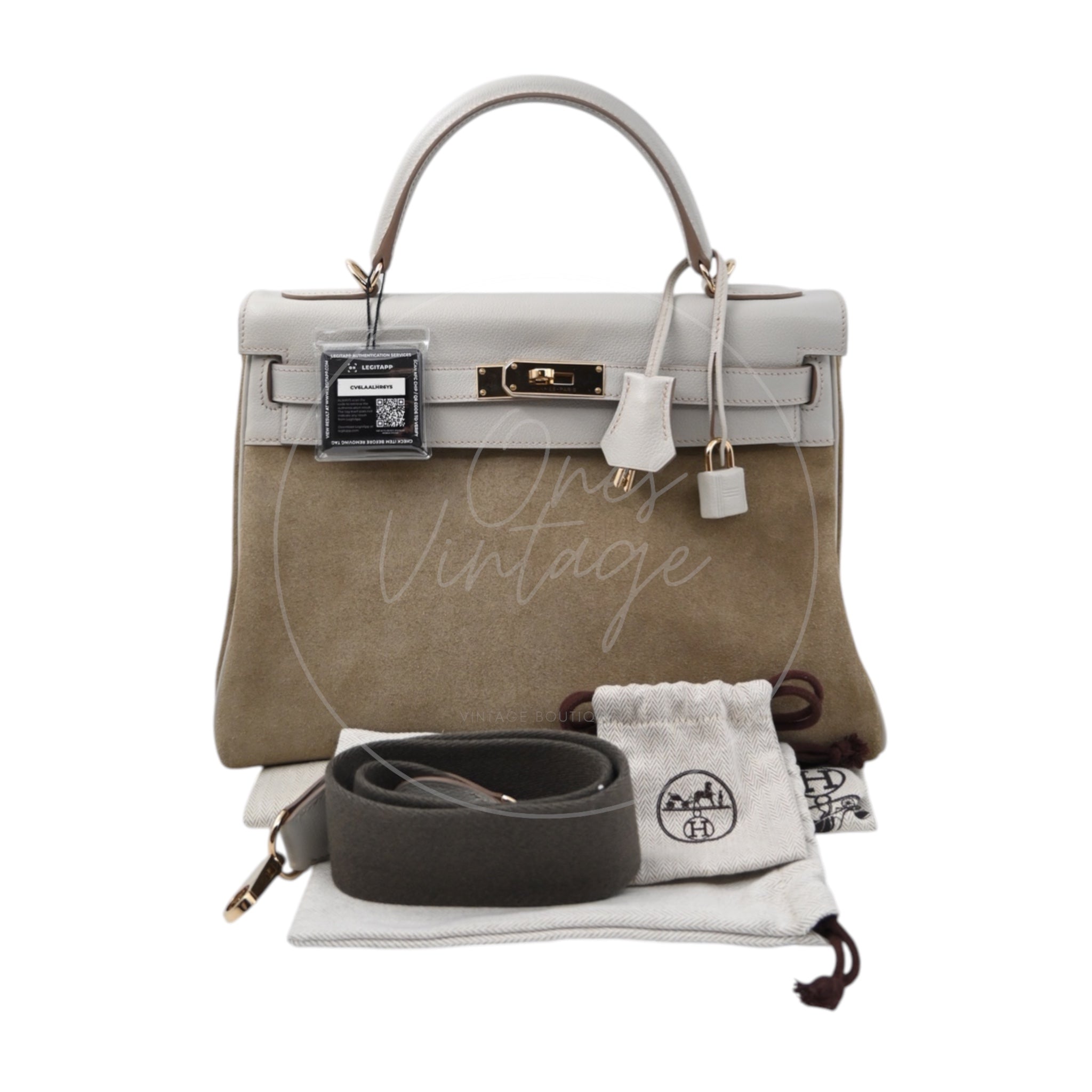 [Pre-owned] Hermes Kelly 32 Bag Gris Perle Evercolor and Veau Doblis Stamp Square Q