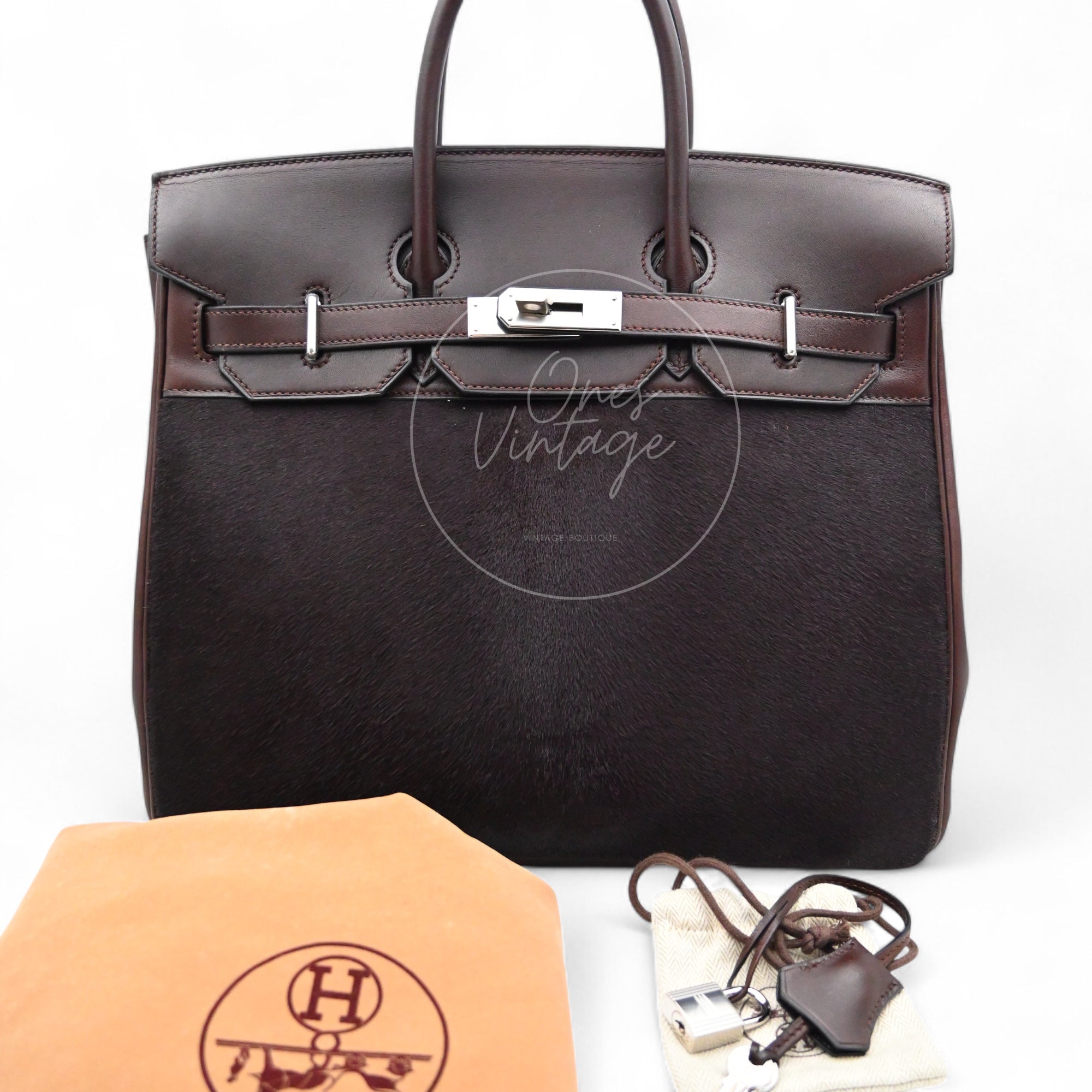 [Pre-owned] Hermes Birkin HAC 32 Ebene Swift Ponyhair Troika PHW Stamp Square K