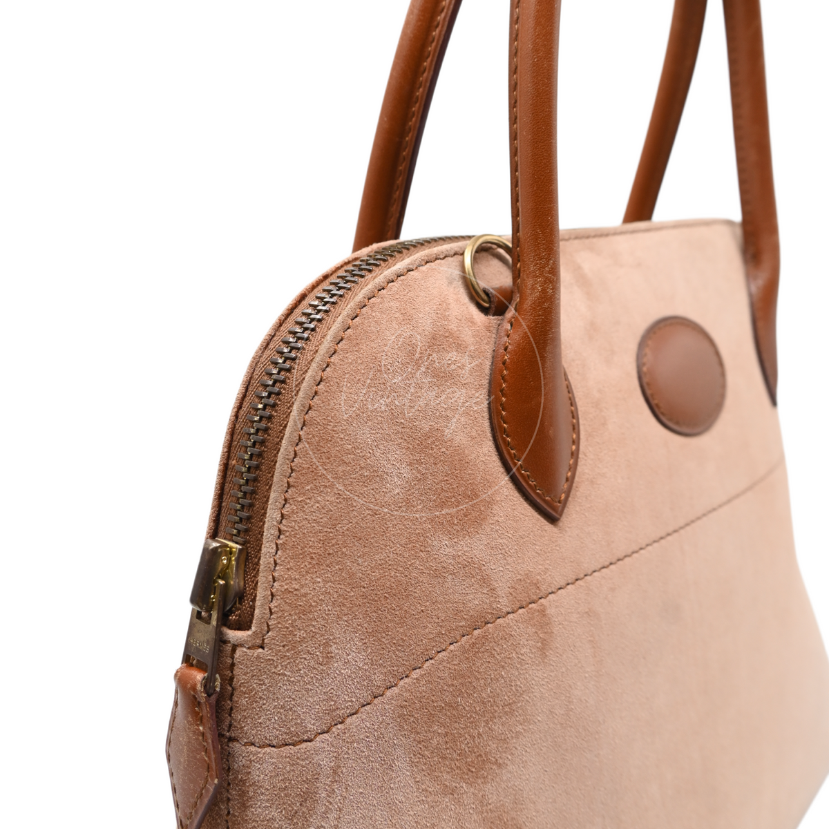 Hermès Bolide 27 in brown suede and leather with gold-tone hardware, Stamp J, left zipper end and handle base