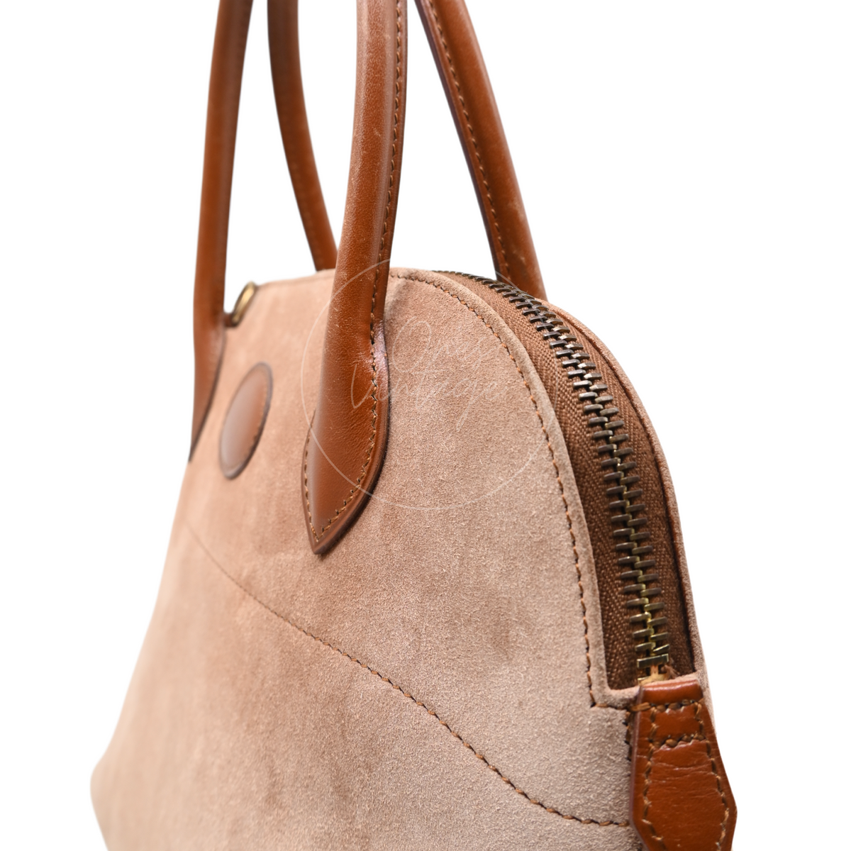 Hermès Bolide 27 in brown suede and leather with gold-tone hardware, Stamp J, right zipper end and handle base