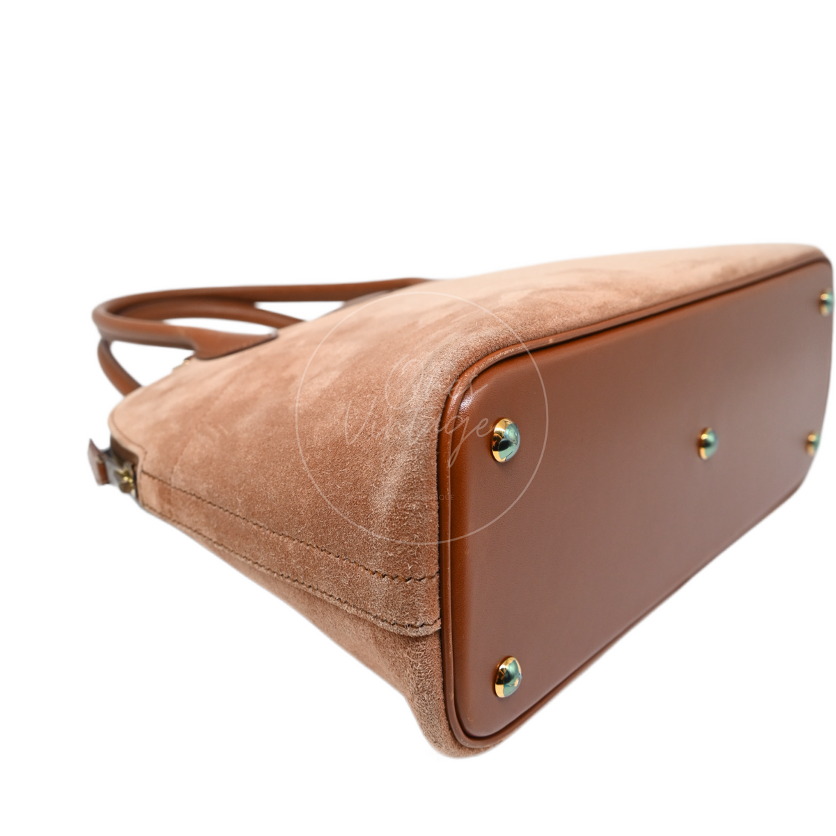 Hermès Bolide 27 in brown suede and leather with gold-tone hardware, Stamp J, front left base corner and protective feet