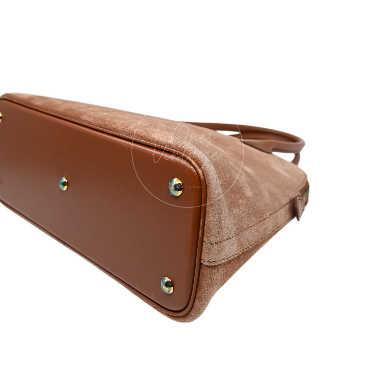 Hermès Bolide 27 in brown suede and leather with gold-tone hardware, Stamp J, front right base corner and protective feet