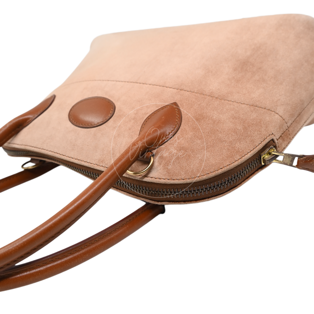 Hermès Bolide 27 in brown suede and leather with gold-tone hardware, Stamp J, front top panel and oval leather patch