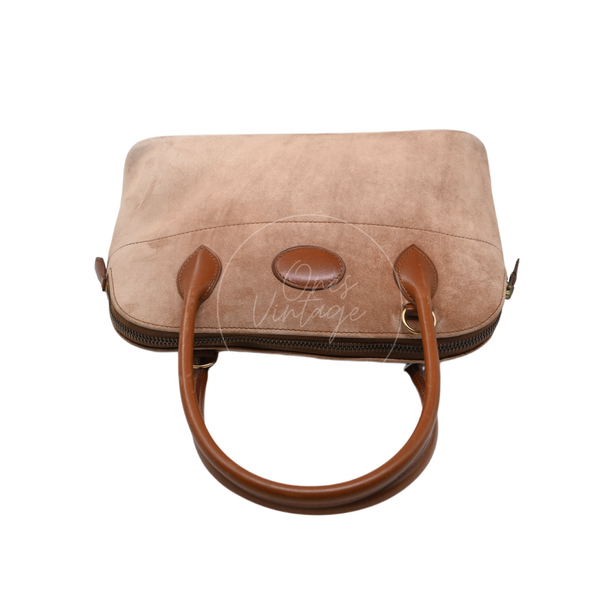 Hermès Bolide 27 in brown suede and leather with gold-tone hardware, Stamp J, top view with zipper closure