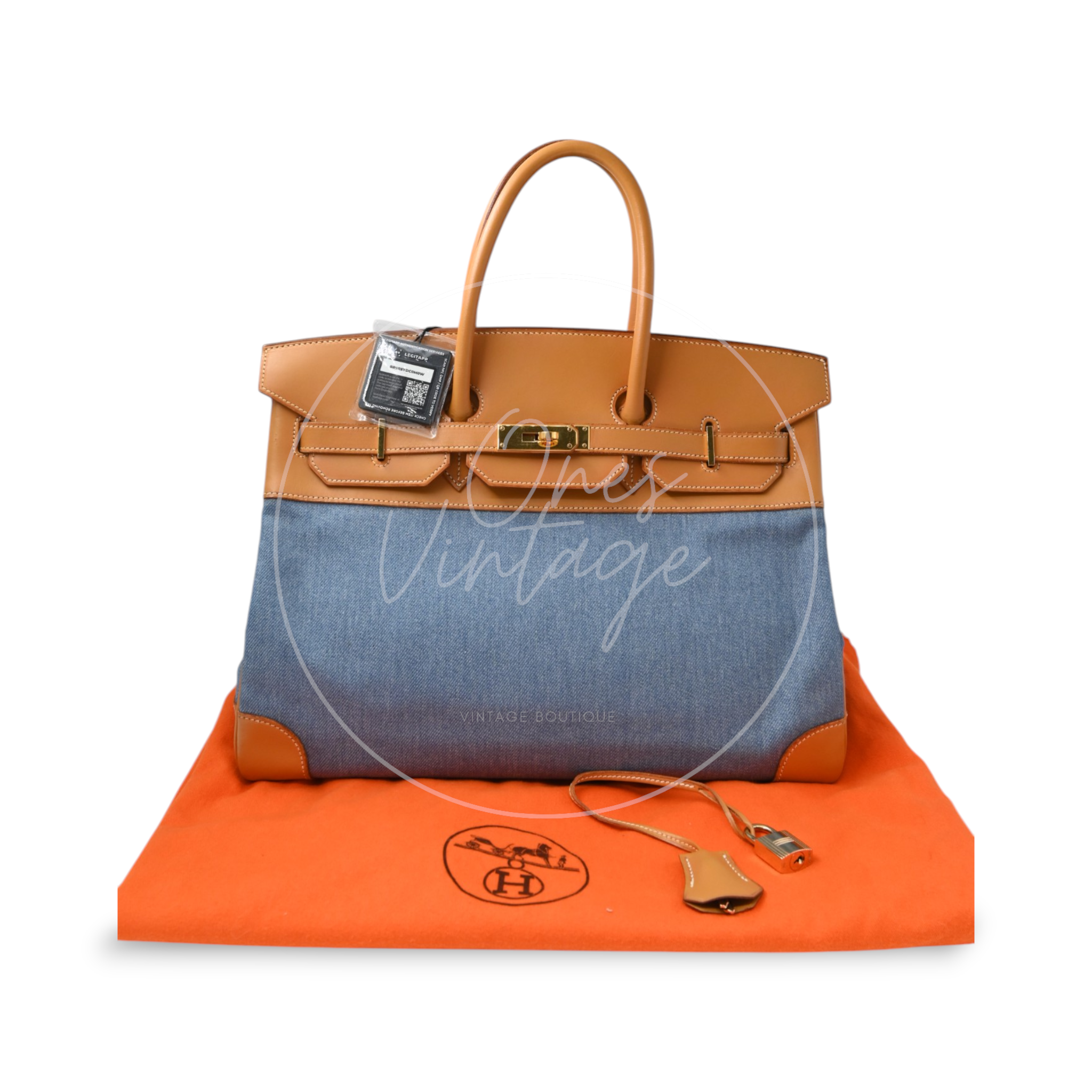 Hermes Birkin 35 Denim Fabrics GHW Brown Blue Square I