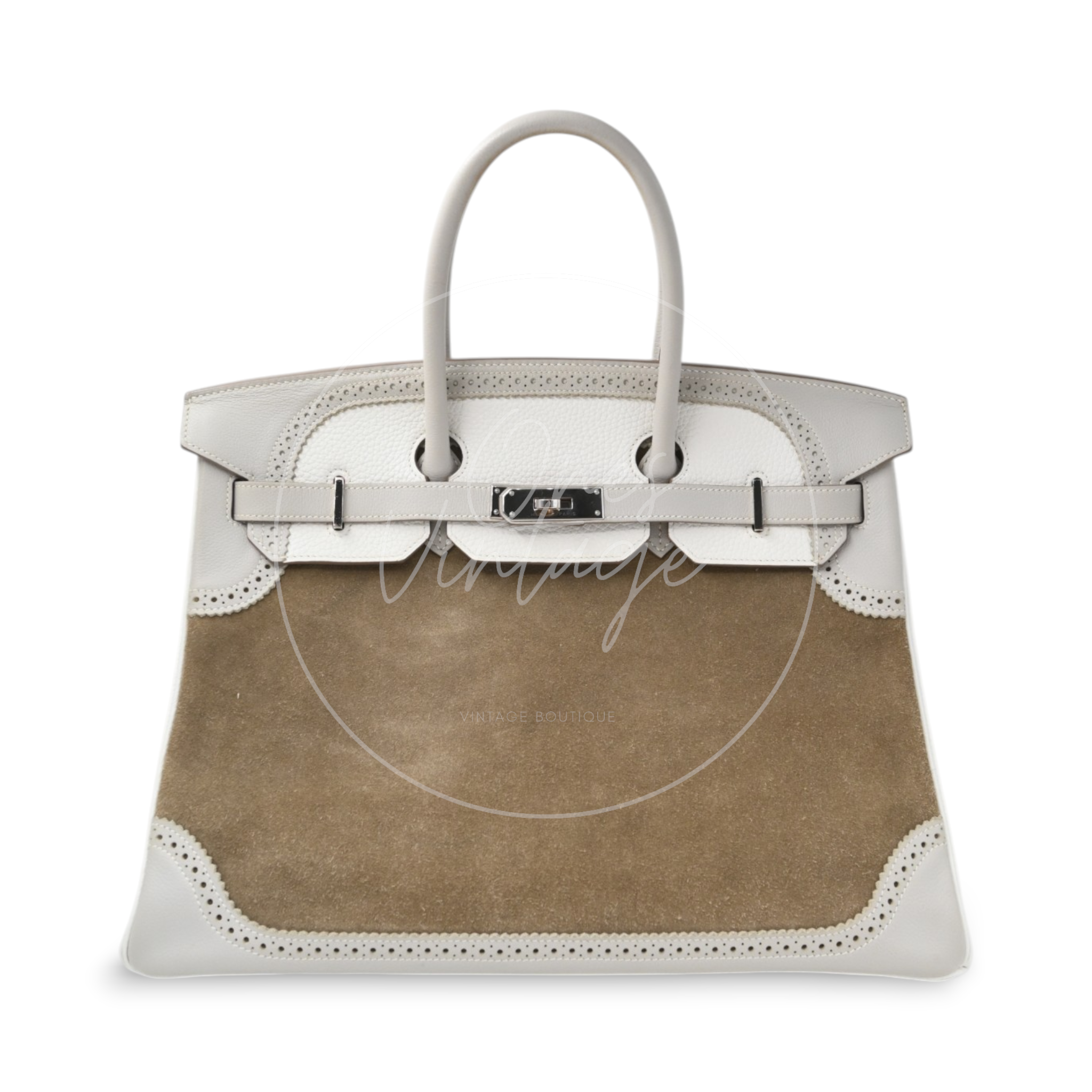Hermes Birkin 35 Grizzly Ghillies PHW Gris Perle, Etoupe Stamp T