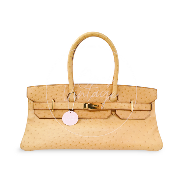 Hermès Birkin Shoulder in Natural Sable ostrich leather with gold-tone hardware, Square O stamp, front view with round authenticity tag