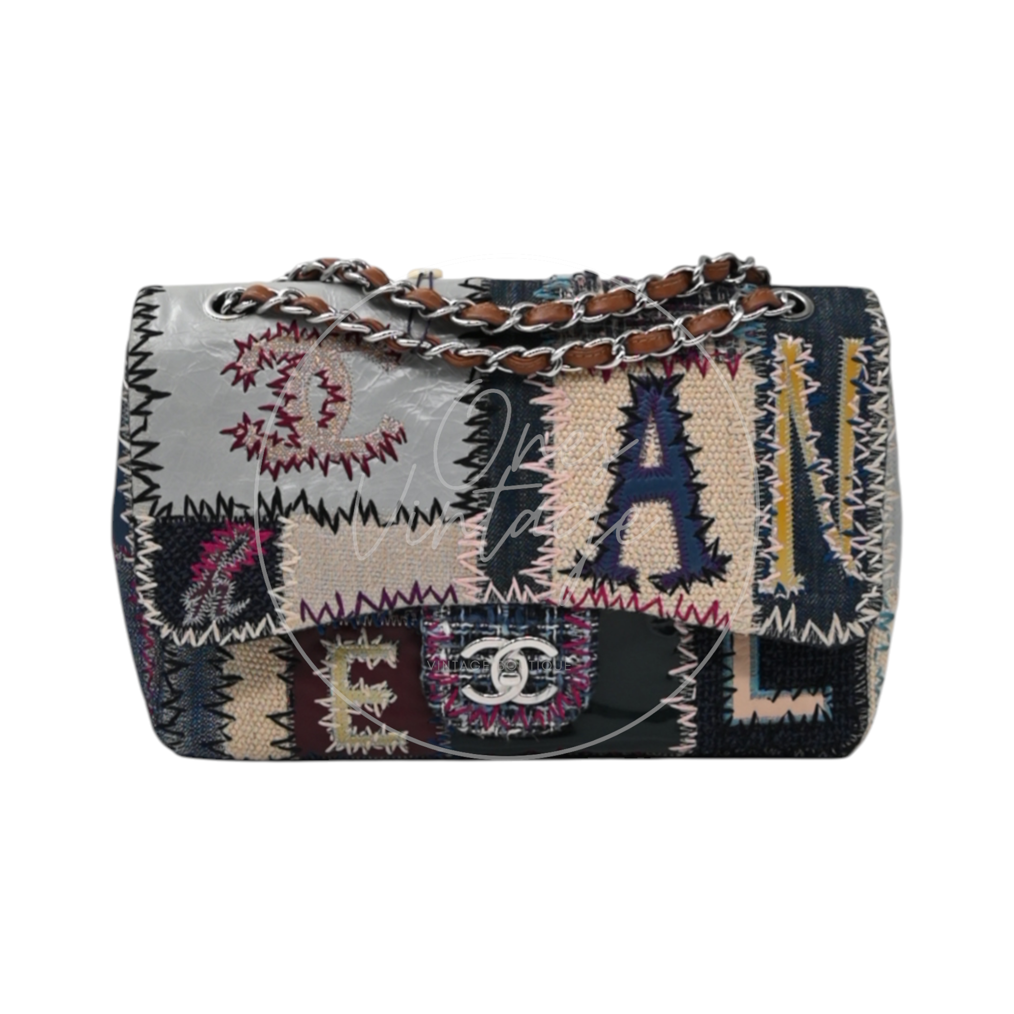Chanel Denim Tweed Patchwork Jumbo Single Flap SHW Multicolor Series 15