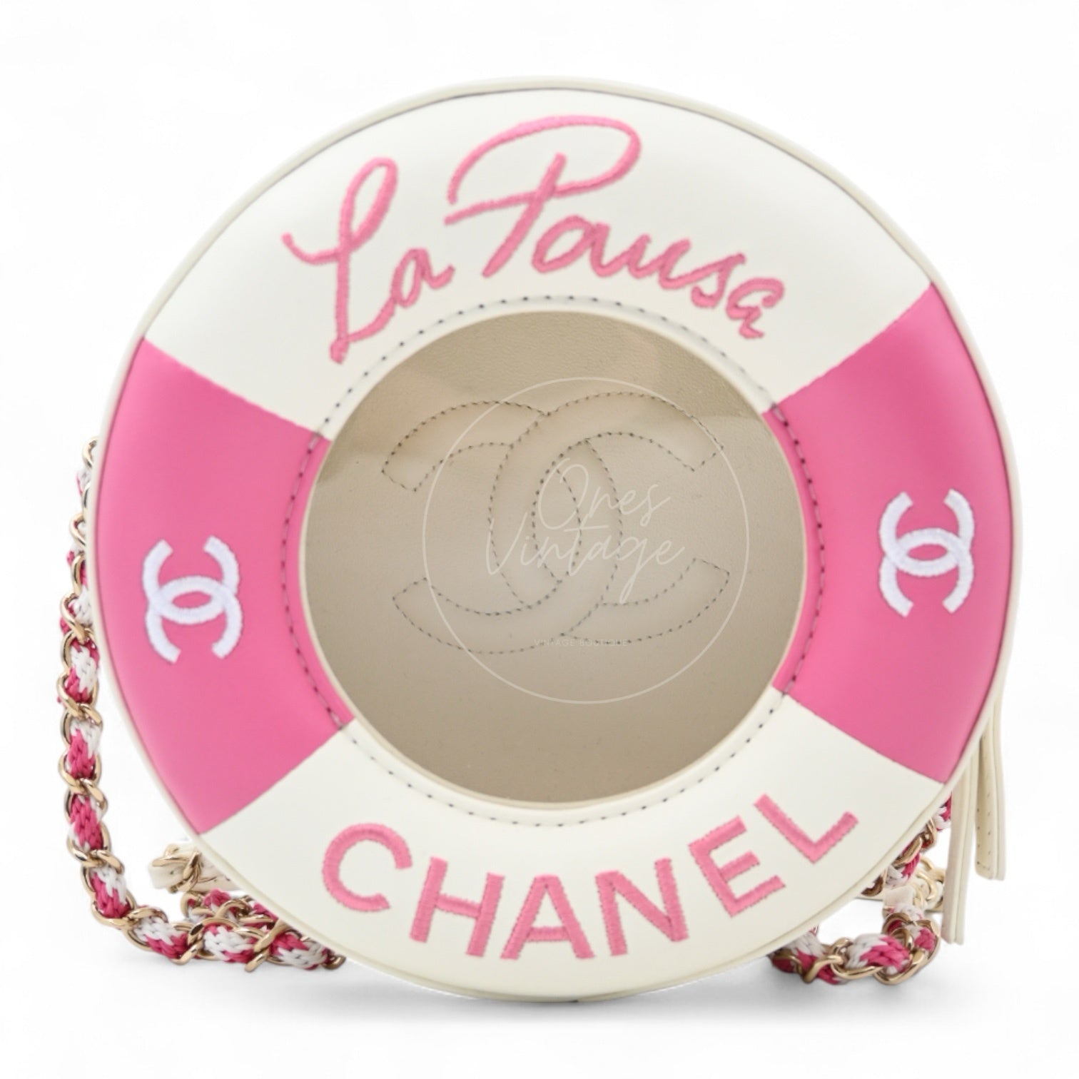 [Pre-owned] Chanel Pink & White Lambskin La Pausa Lifesaver Bag