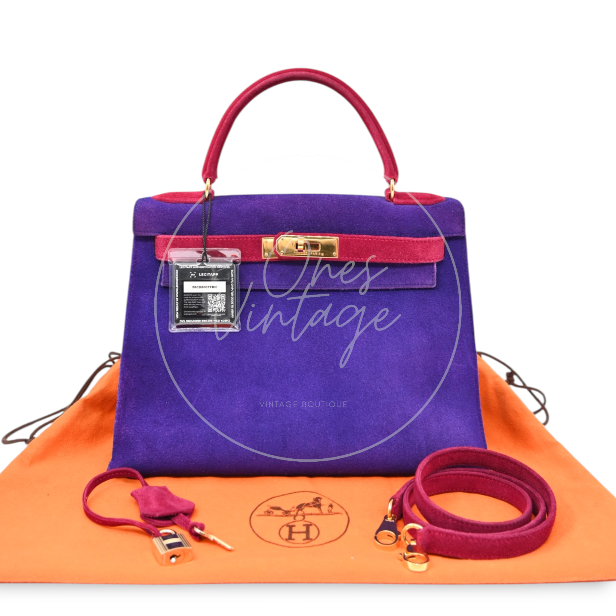 Hermès Kelly 28 Sellier in violet and pink Doblis suede with gold-tone hardware, full set with orange dust bag, strap, clochette, padlock and keys
