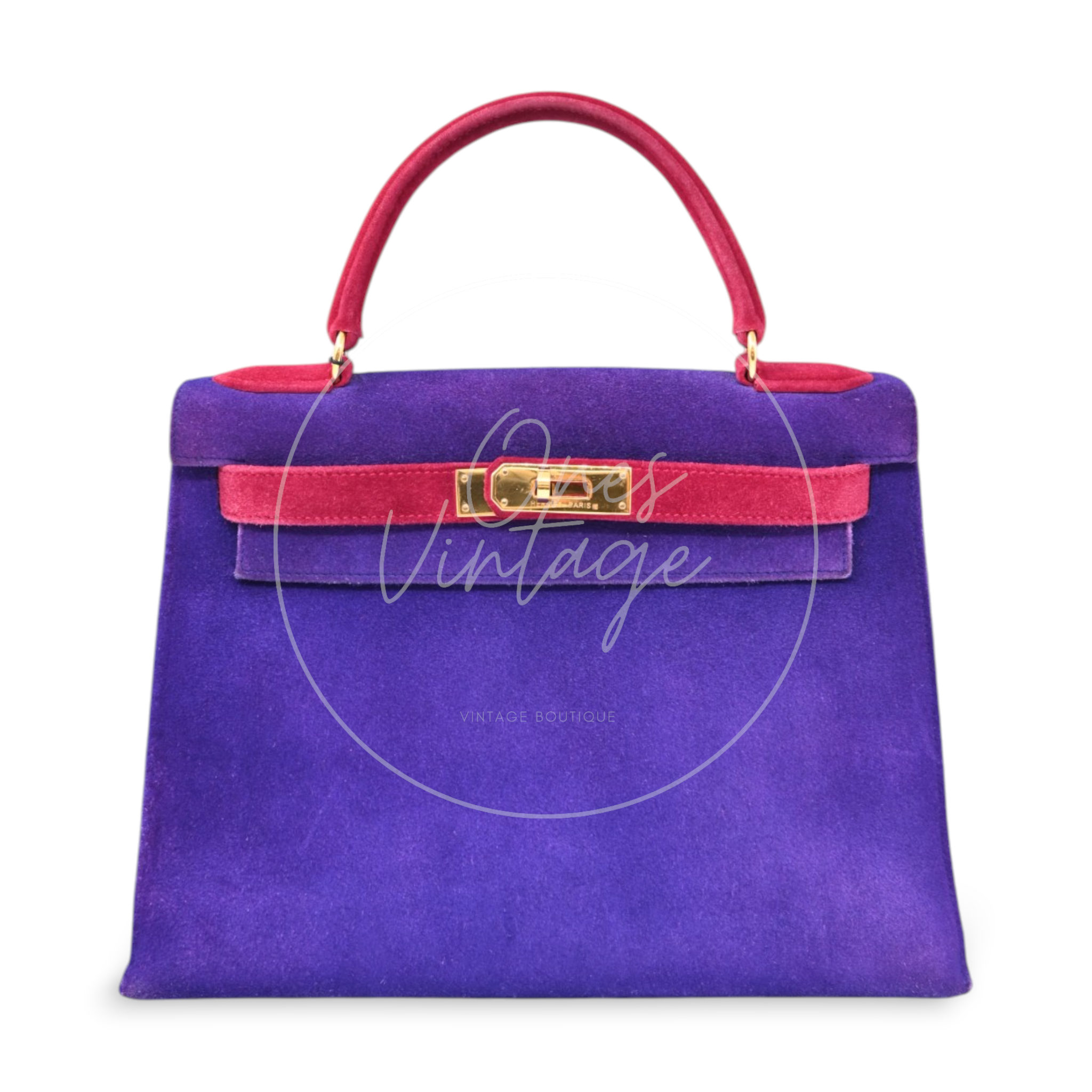 Hermès Kelly 28 Sellier in violet and pink Doblis suede with gold-tone hardware, front view with contrasting pink handle and straps