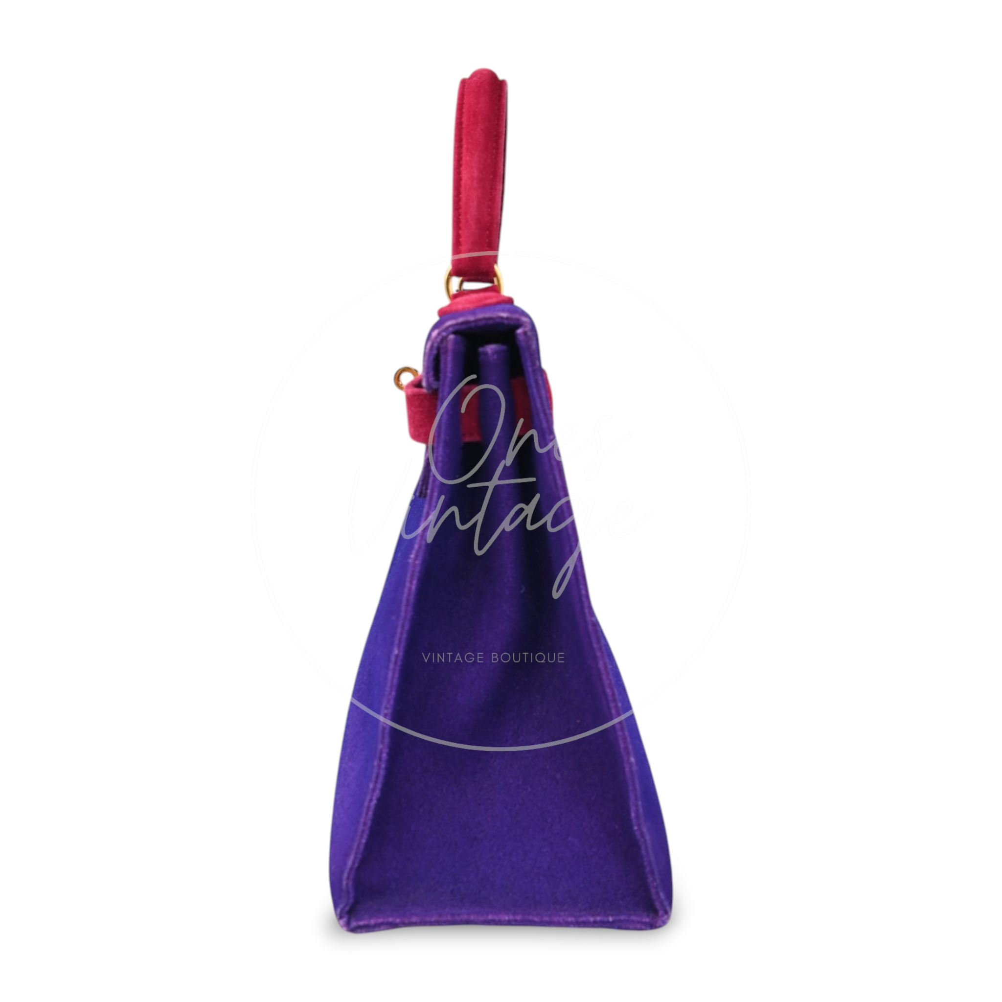 Hermès Kelly 28 Sellier in violet and pink Doblis suede with gold-tone hardware, left side profile