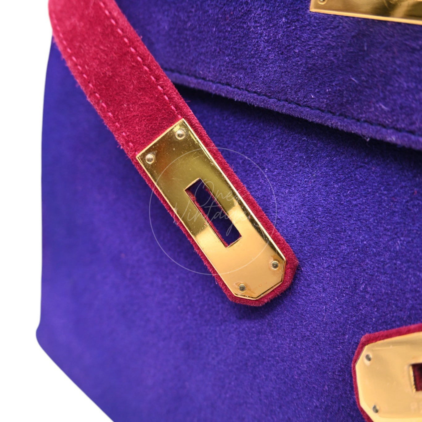 Hermès Kelly 28 Sellier in violet and pink Doblis suede with gold-tone hardware, opposite closure strap and gold-tone plate