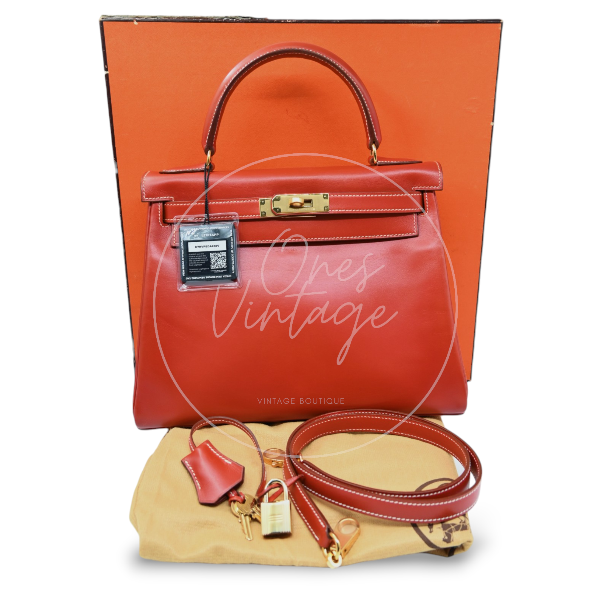 Hermes Kelly 28 Box Leather Handbag GHW Brique Circle W