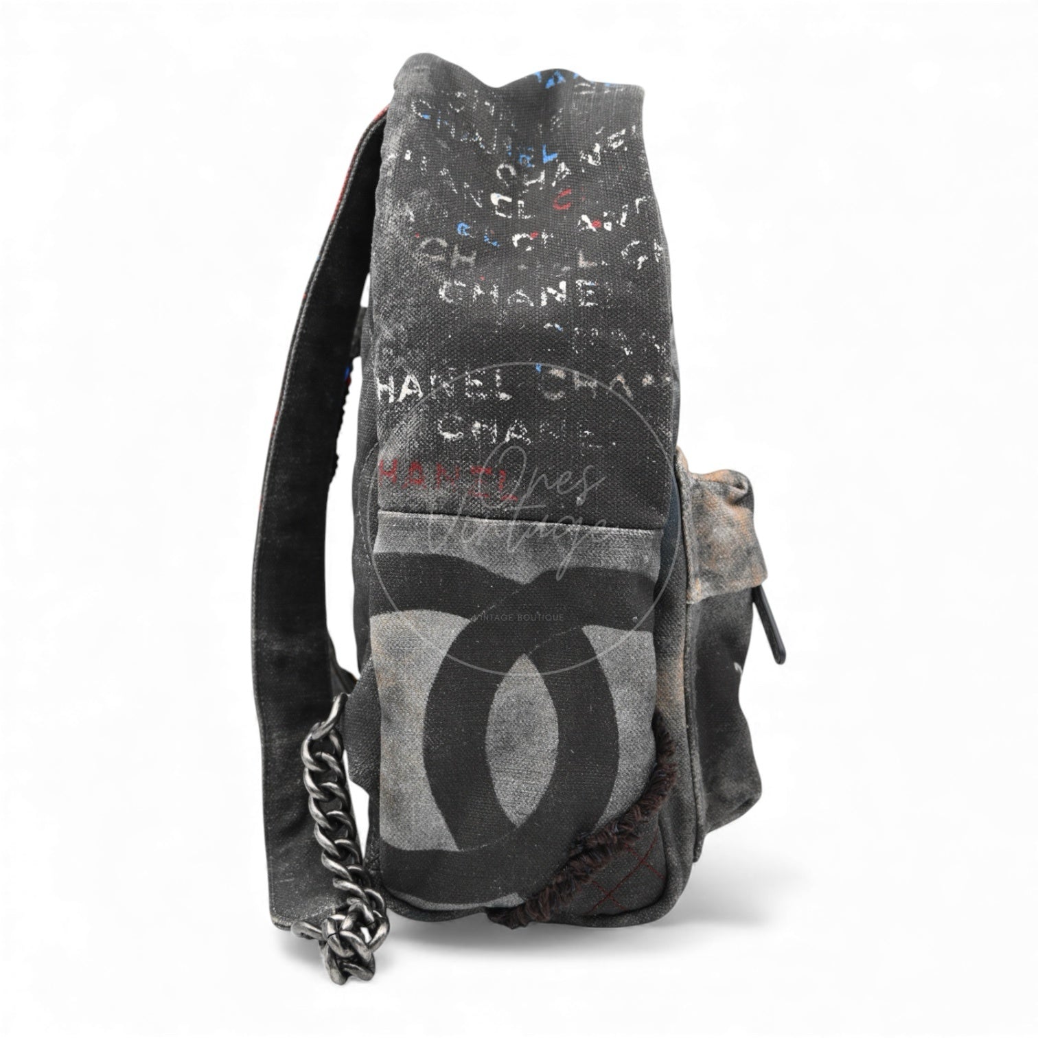[Pre-owned] Chanel Vintage Graffiti Cotton Canvas Grey Backpack
