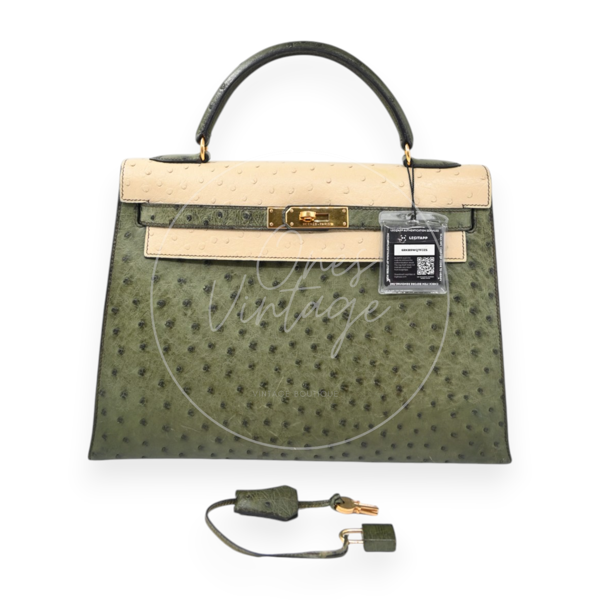 Hermes Kelly Sellier 32 Ostrich Leather GHW Olive Parchemin Circle Y