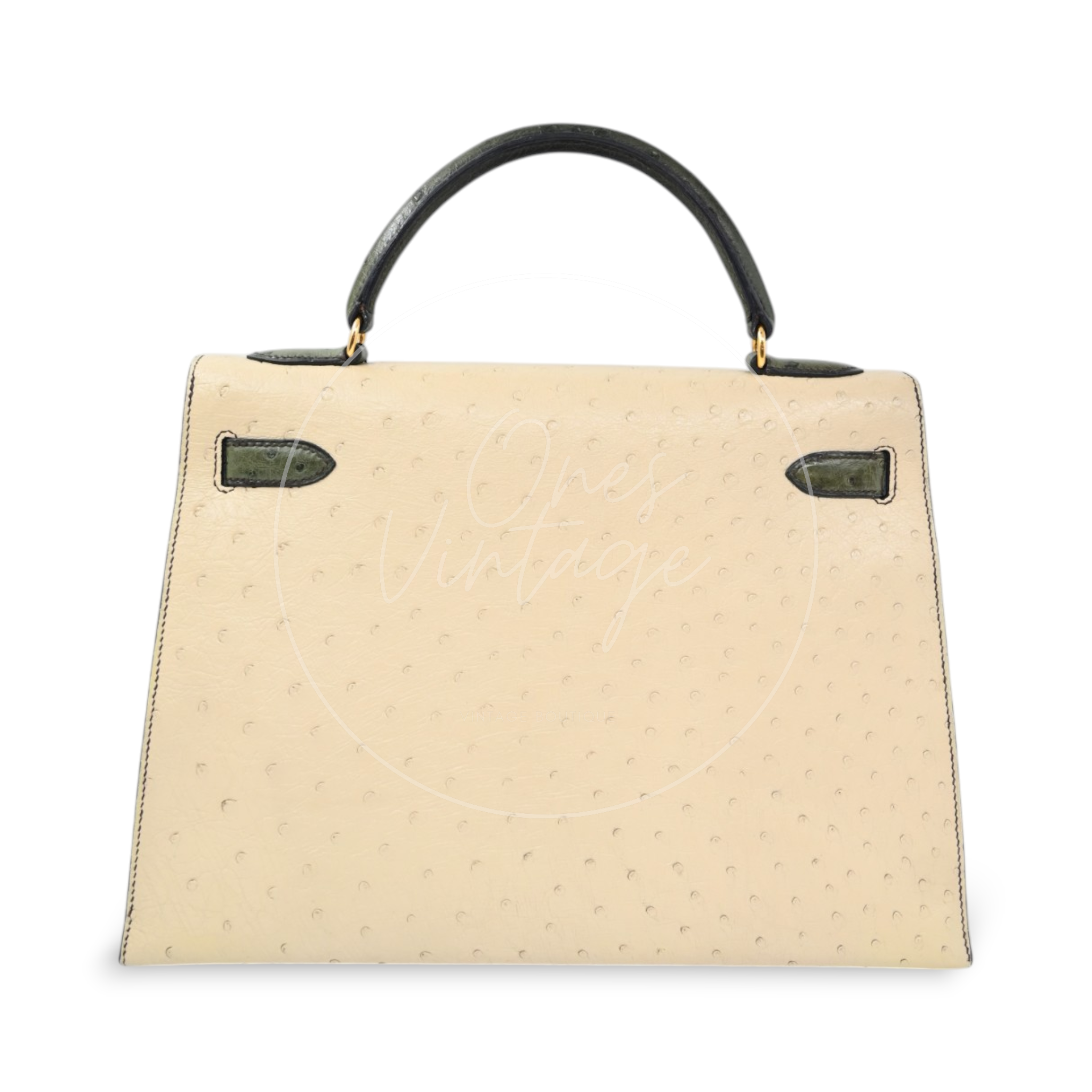Hermes Kelly Sellier 32 Ostrich Leather GHW Olive Parchemin Circle Y