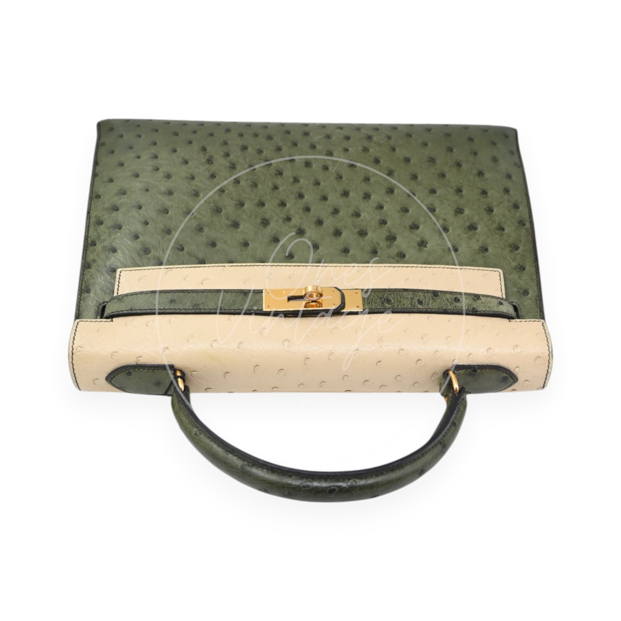Hermes Kelly Sellier 32 Ostrich Leather GHW Olive Parchemin Circle Y