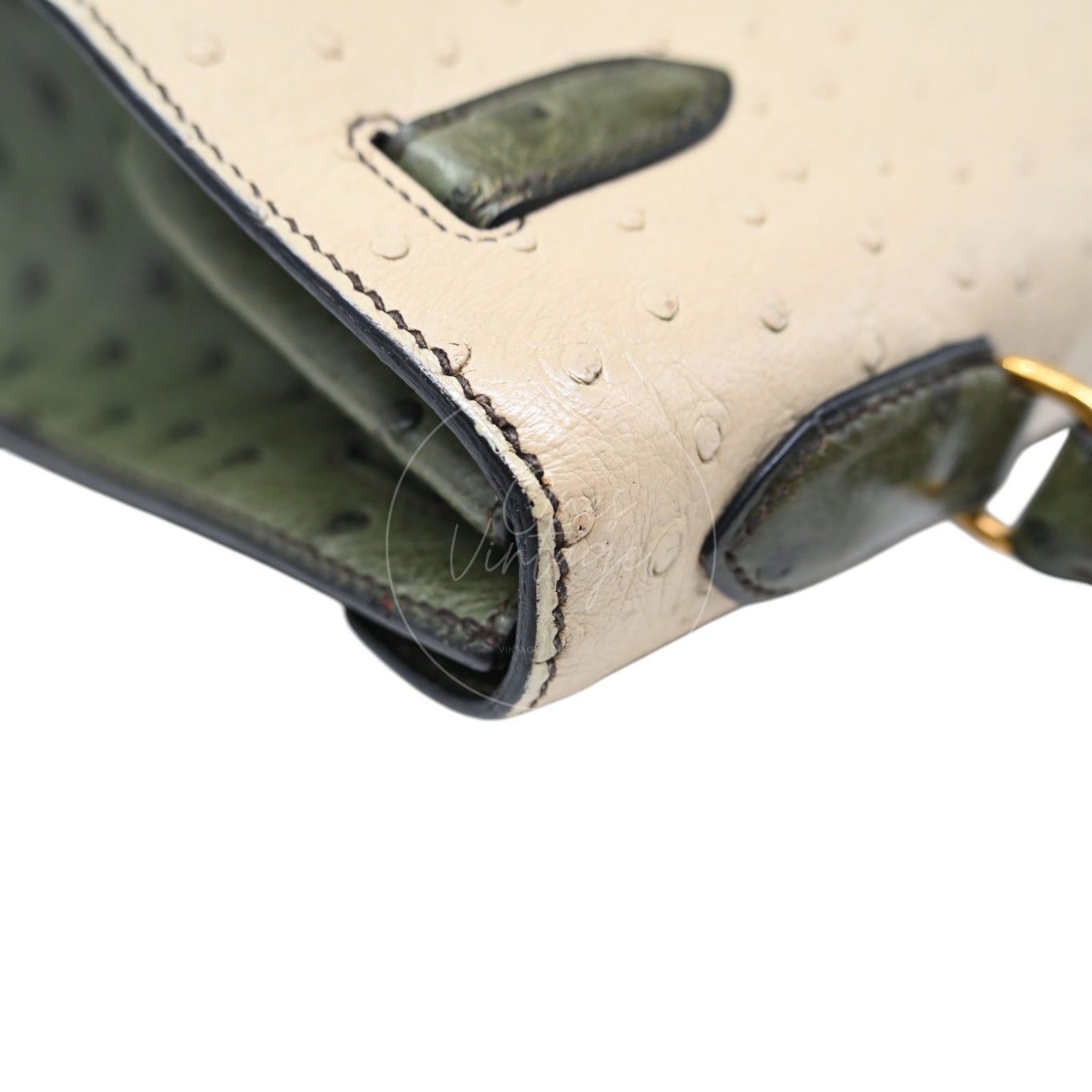 Hermes Kelly Sellier 32 Ostrich Leather GHW Olive Parchemin Circle Y