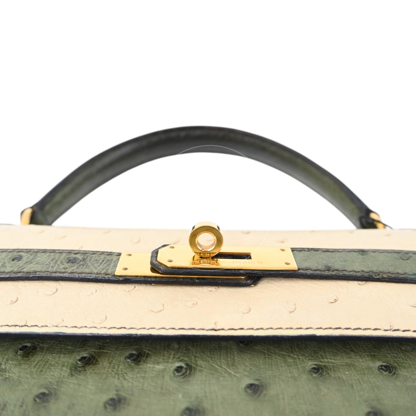 Hermes Kelly Sellier 32 Ostrich Leather GHW Olive Parchemin Circle Y