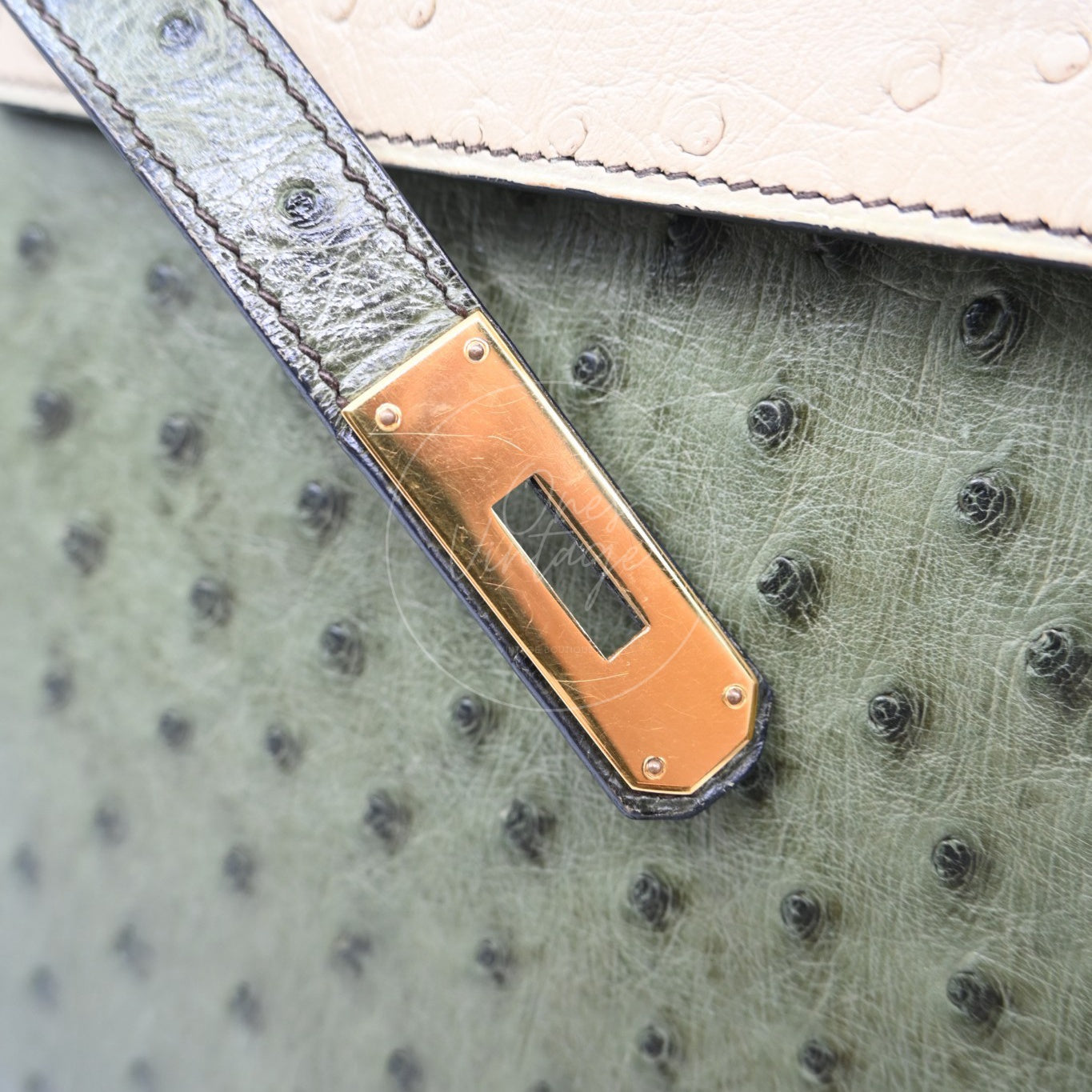 Hermes Kelly Sellier 32 Ostrich Leather GHW Olive Parchemin Circle Y