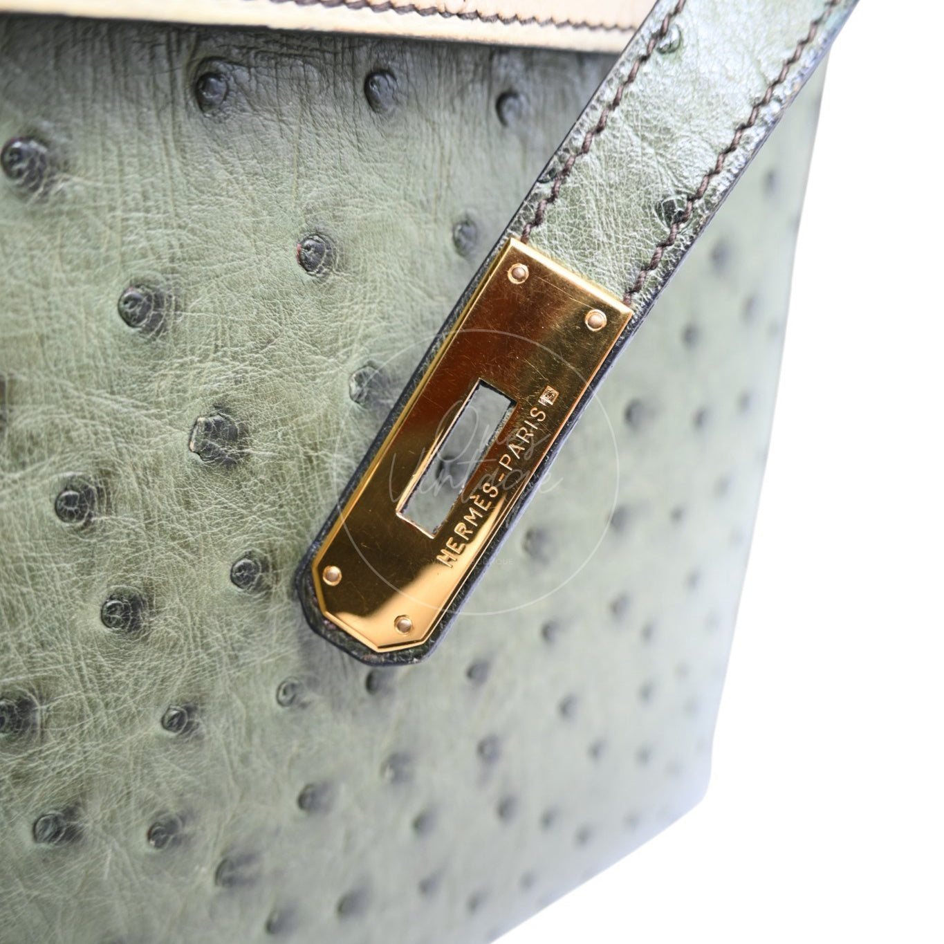 Hermes Kelly Sellier 32 Ostrich Leather GHW Olive Parchemin Circle Y