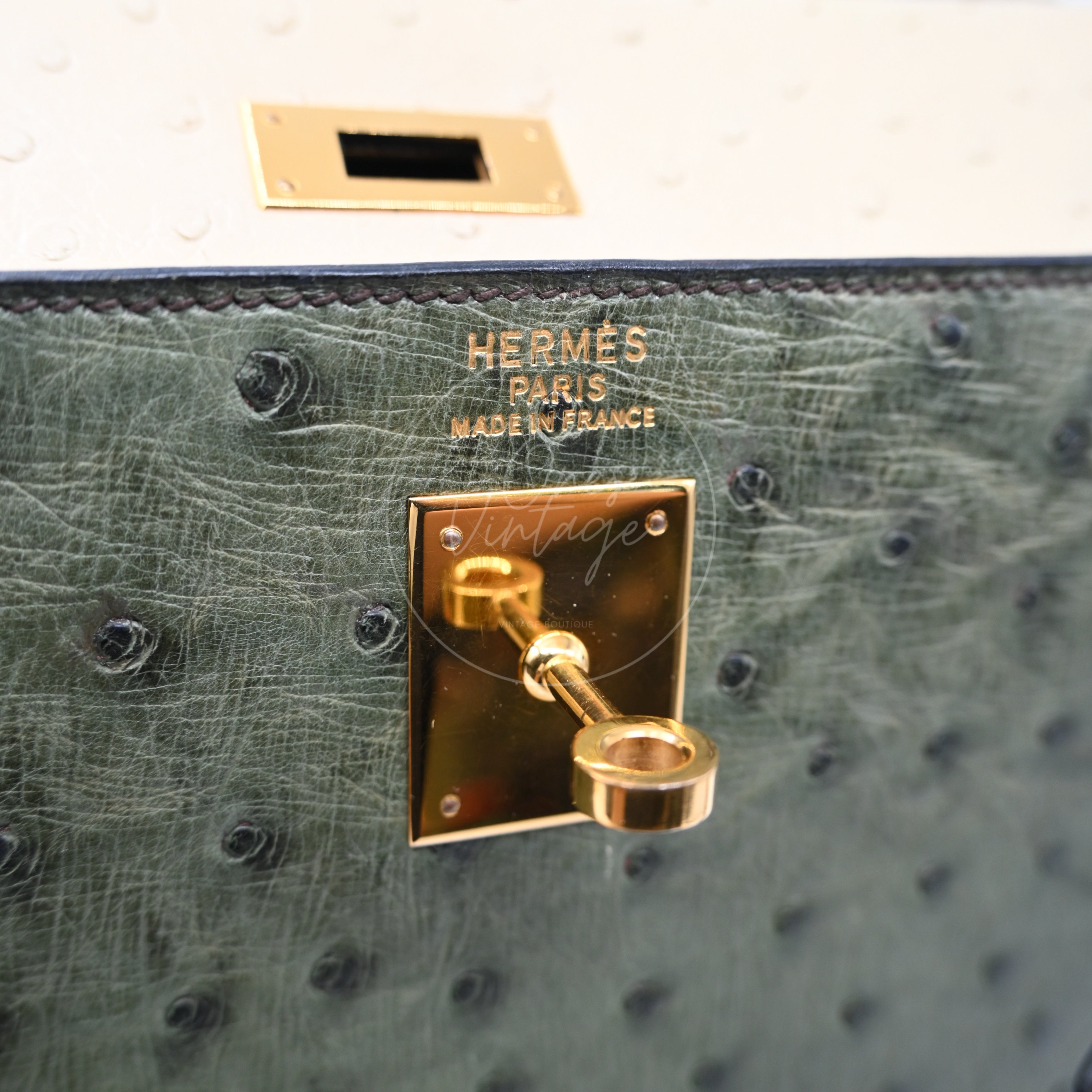 Hermes Kelly Sellier 32 Ostrich Leather GHW Olive Parchemin Circle Y