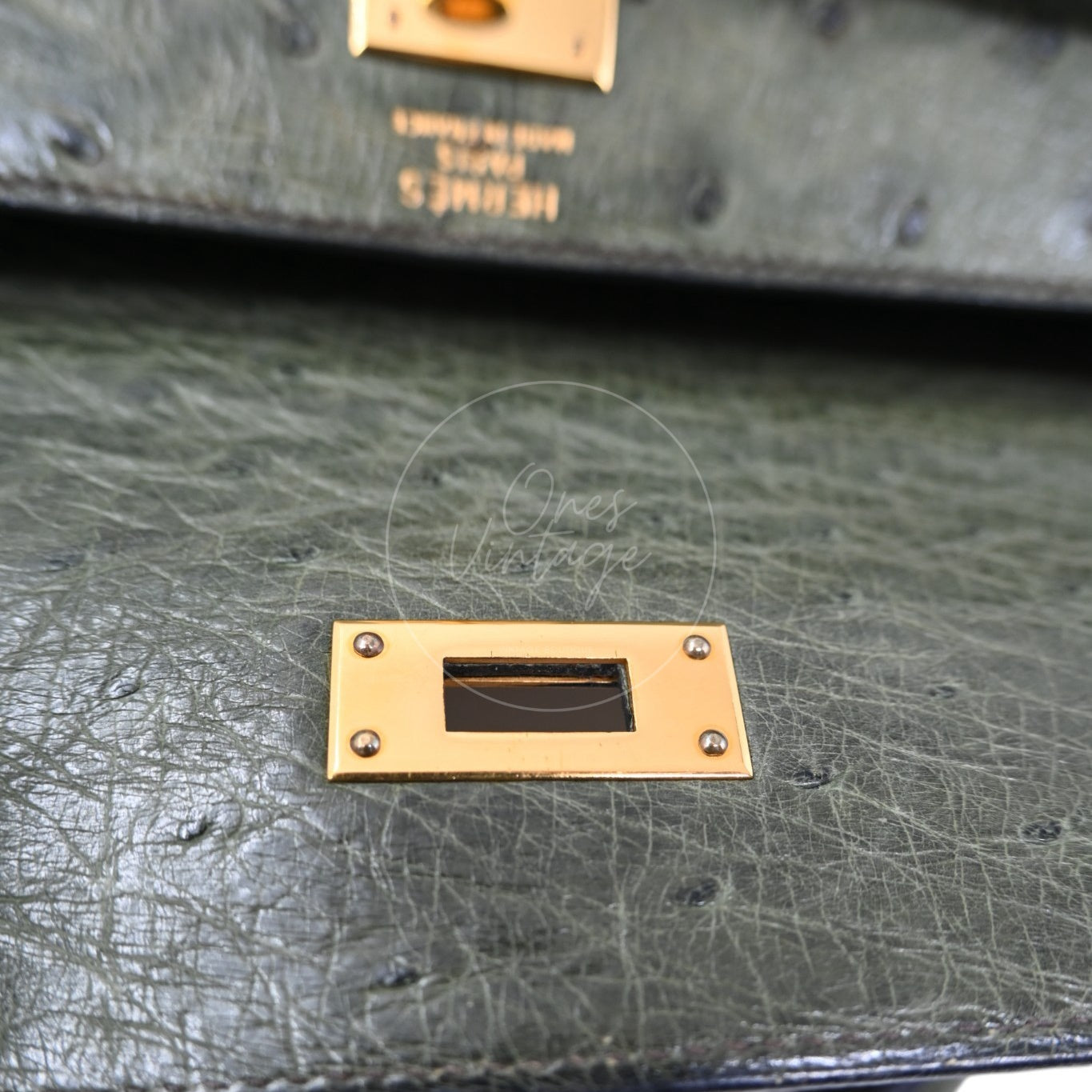 Hermes Kelly Sellier 32 Ostrich Leather GHW Olive Parchemin Circle Y