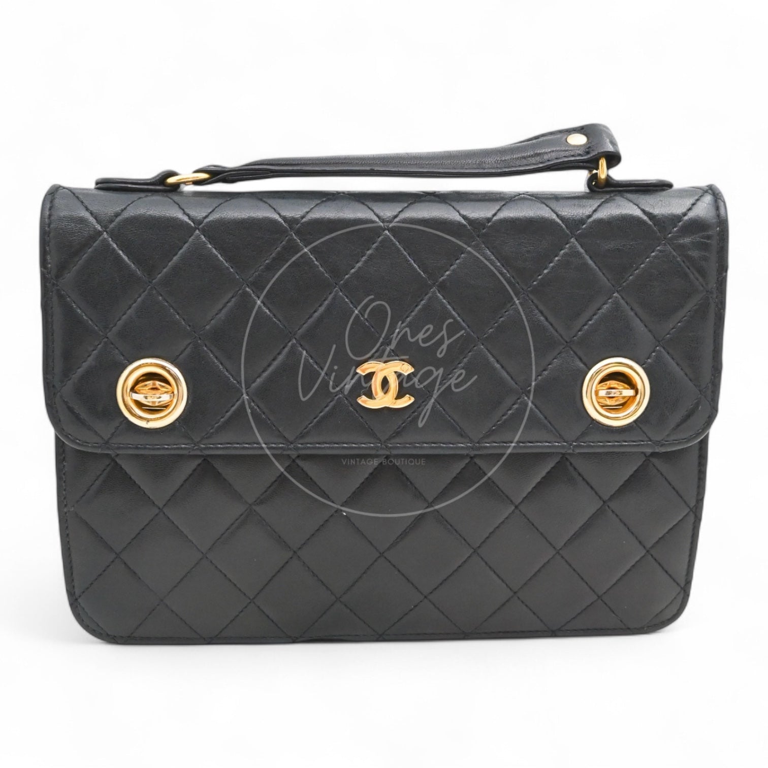 [Pre-owned] Chanel Black Quilted Aged Calfskin Double CC Turn-Lock Mini Briefcase Bag