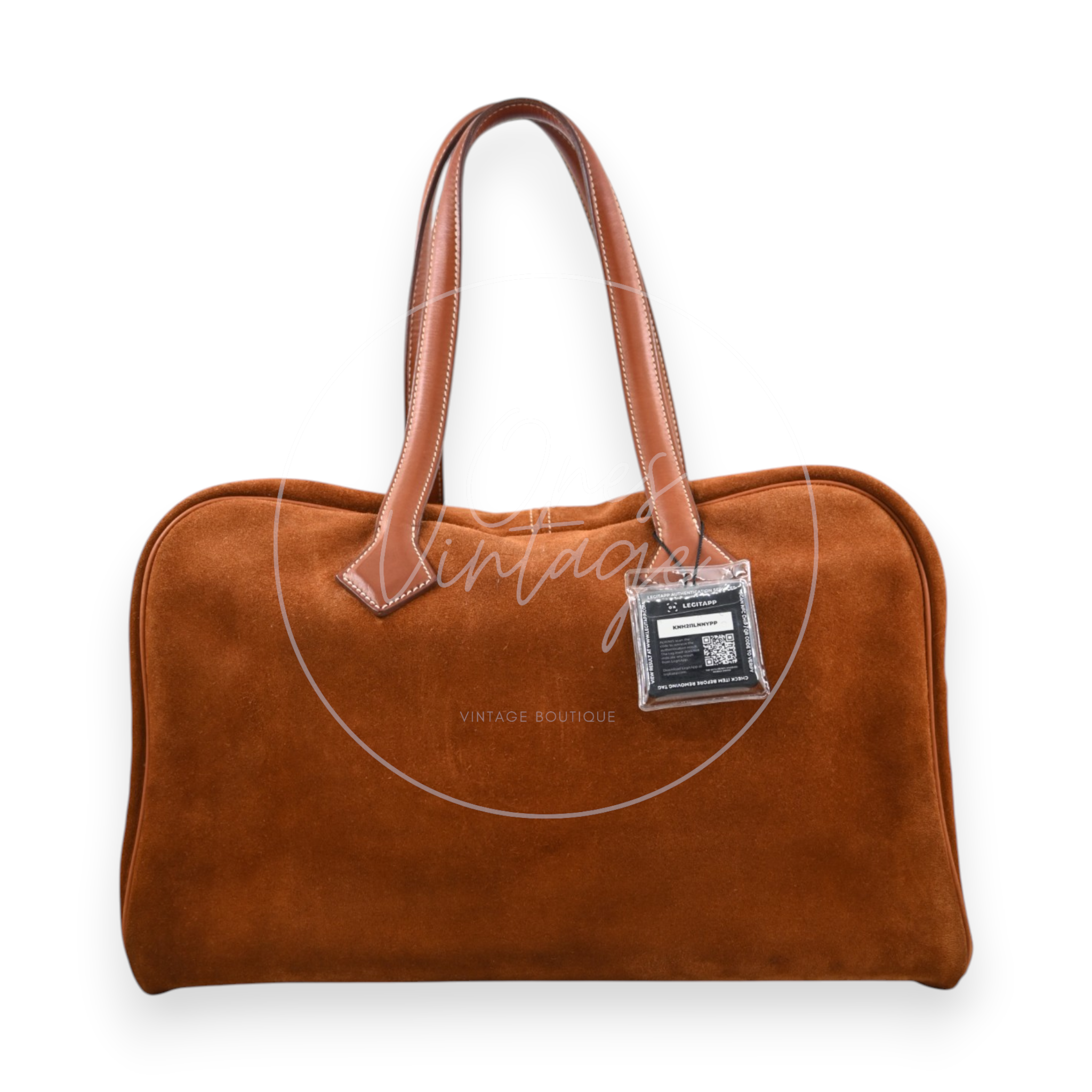 Hermès Victoria II 35 in brown Grizzly leather with palladium hardware, Square N stamp, front view with long shoulder handles
