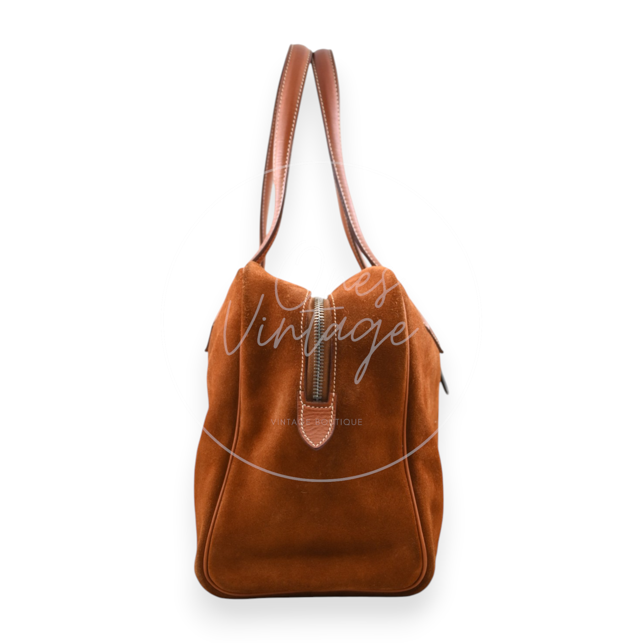 Hermès Victoria II 35 in brown Grizzly leather with palladium hardware, Square N stamp, left side profile with zipper opening